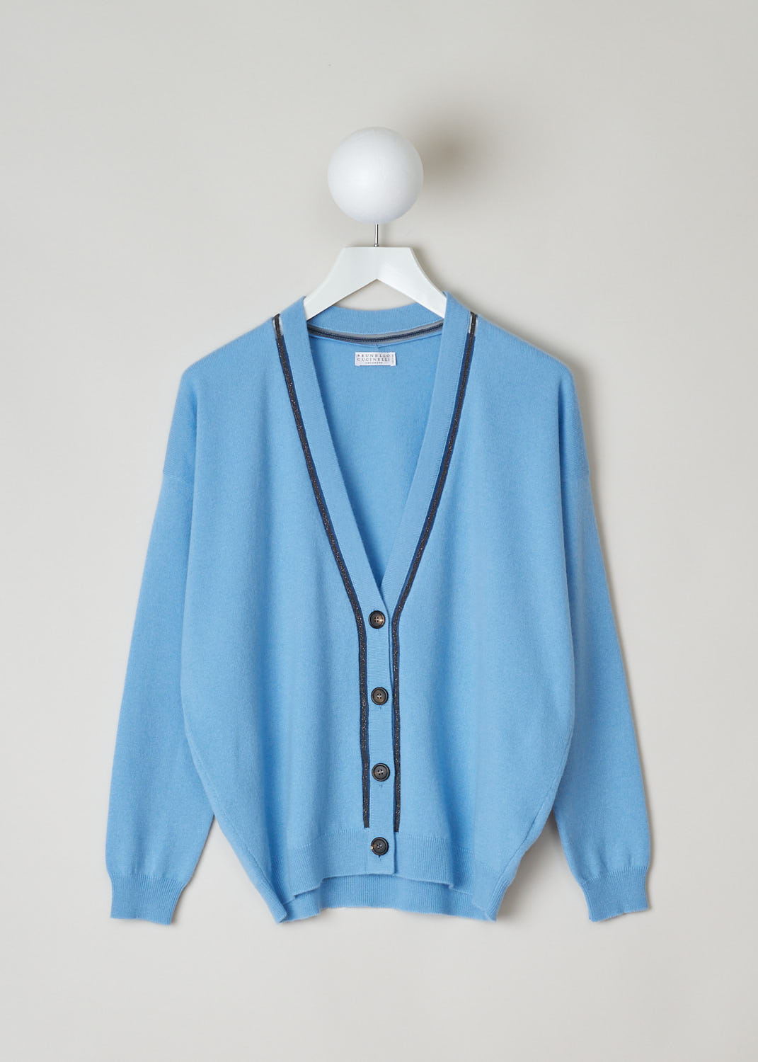 BRUNELLO CUCINELLI, BLUE CARDIGAN WITH BEADED TRIMS, M12167306_C9401, Blue, Front, Light blue cardigan with a bead embellished trim. The cardigan had a front button closure with tortoise shell buttons.