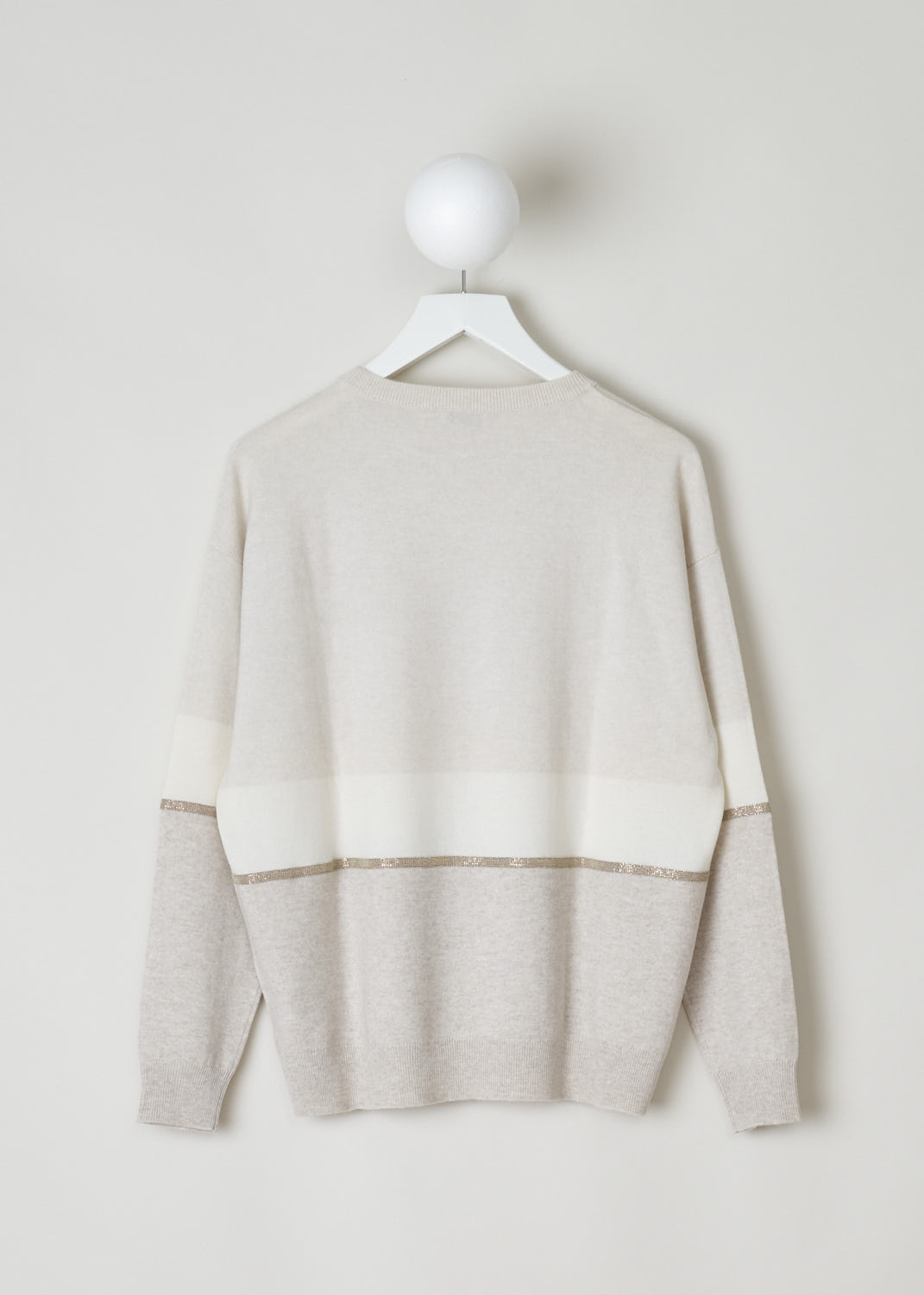 BRUNELLO CUCINELLI, THREE-TONE SWEATER WITH BEADED DETAILING, Beige, Back, Three-tone sweater in white and pale grey tones with bead-embellished trims. The sweater features long sleeves and has a ribbed hem. 
