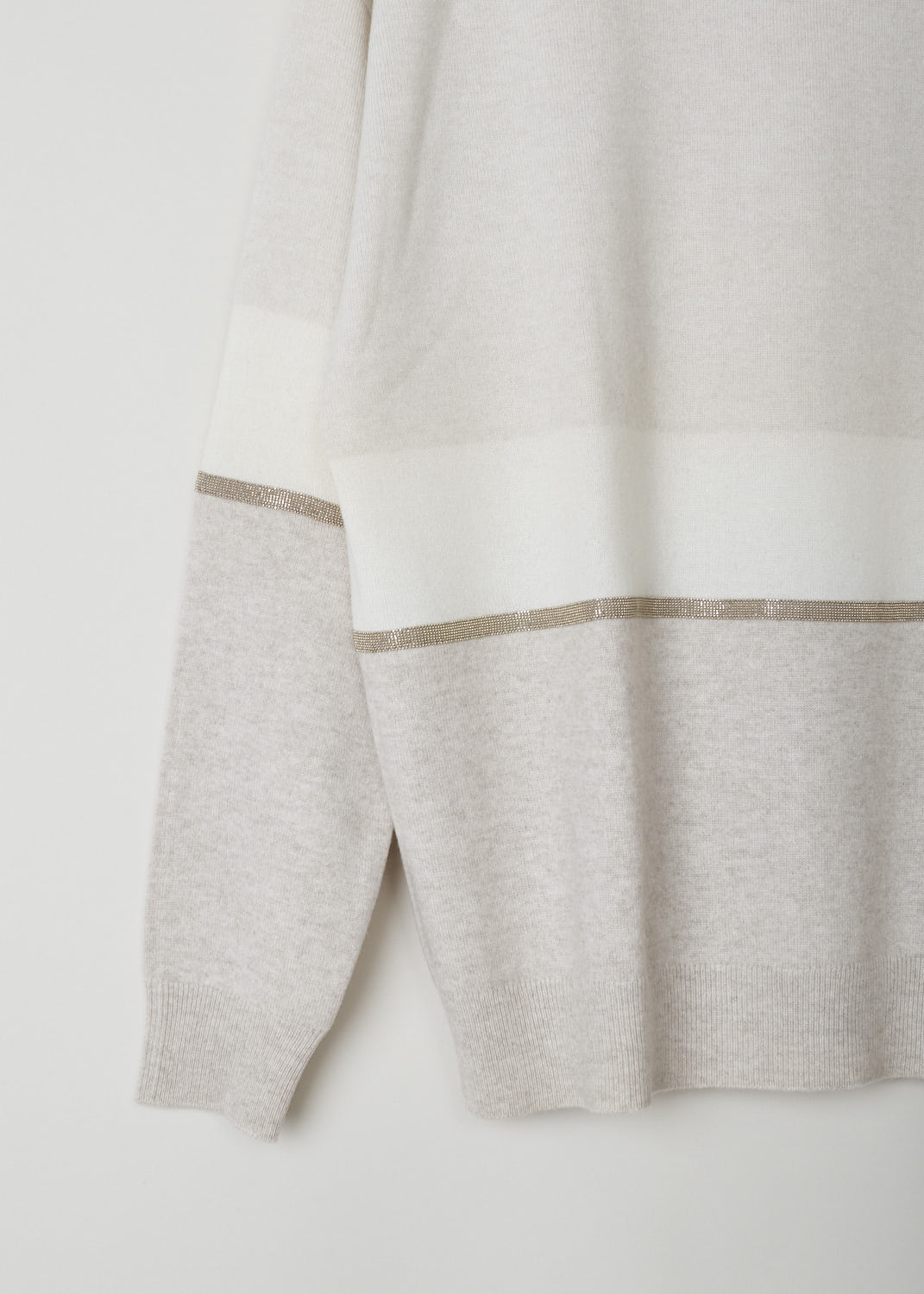 BRUNELLO CUCINELLI, THREE-TONE SWEATER WITH BEADED DETAILING, Beige, Detail, Three-tone sweater in white and pale grey tones with bead-embellished trims. The sweater features long sleeves and has a ribbed hem. 
