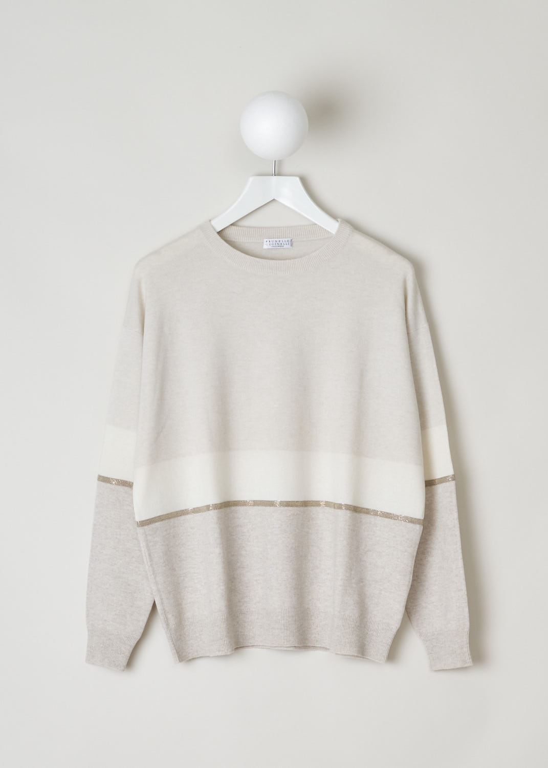 BRUNELLO CUCINELLI, THREE-TONE SWEATER WITH BEADED DETAILING, Beige, Front, Three-tone sweater in white and pale grey tones with bead-embellished trims. The sweater features long sleeves and has a ribbed hem. 
