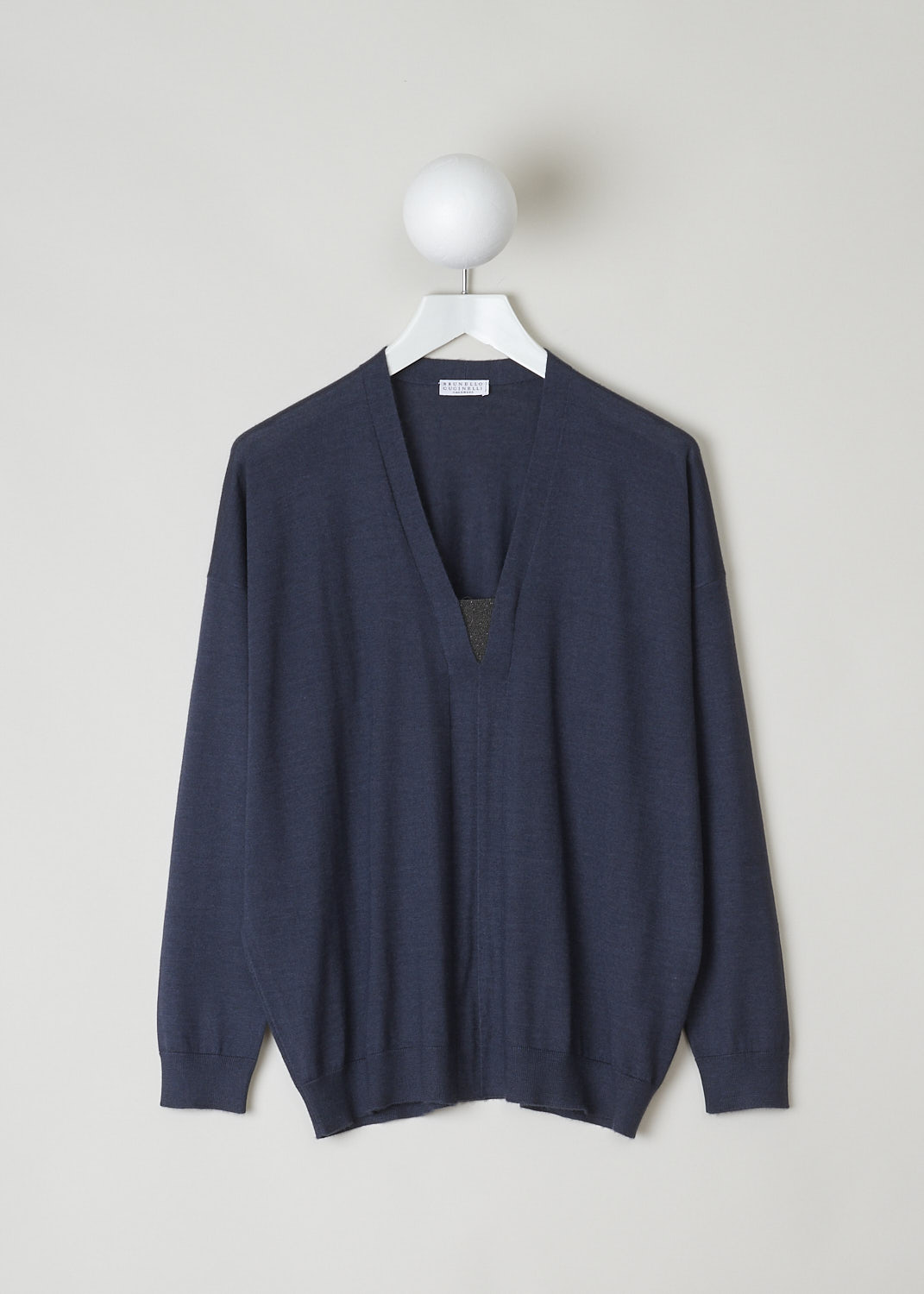 BRUNELLO CUCINELLI, NAVY BLUE LONG WITH SUBTLE MONILI DETAIL, M13874202_C7186, Blue, Front, This navy blue long sleeve top is made with a lightweight cashmere blend. The top has a V-neckline that is decorated with the brand's signature monili beads. The cuffs and the hemline have a ribbed finish. 
