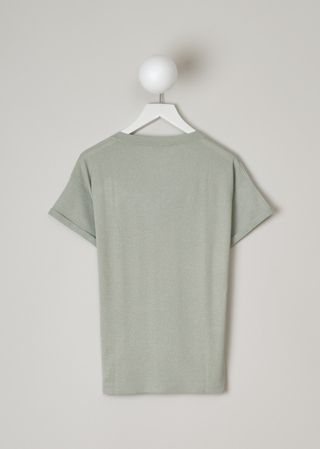 BRUNELLO CUCINELLI, PALE GREEN TOP WITH LUREX THREADING, M41810002_C2847, Green, Back, This pale green top has shimmering gold lurex threading throughout. The top has a ribbed V-neckline and short sleeves with a rolled up hem.  
