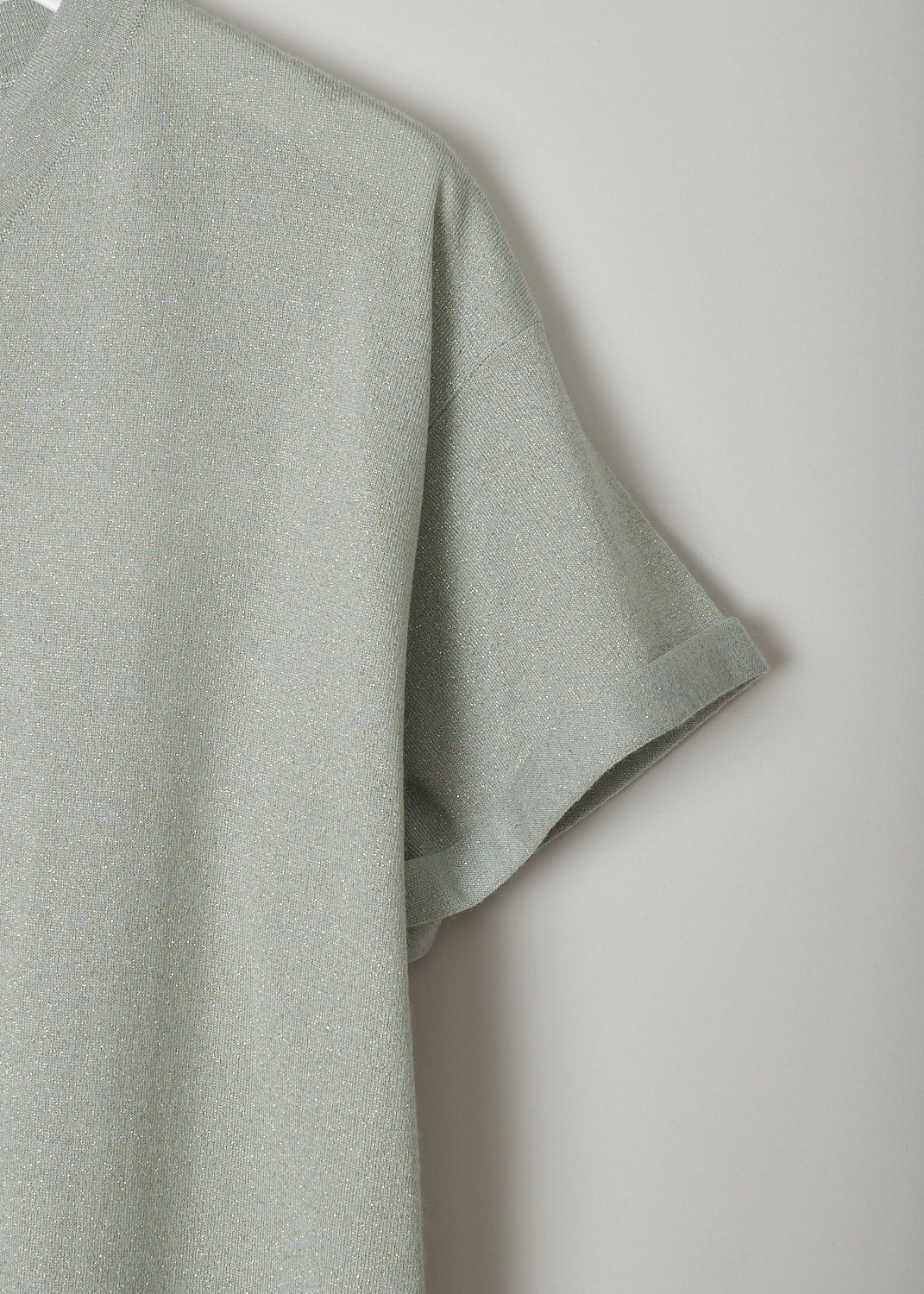 BRUNELLO CUCINELLI, PALE GREEN TOP WITH LUREX THREADING, M41810002_C2847, Green, Detail, This pale green top has shimmering gold lurex threading throughout. The top has a ribbed V-neckline and short sleeves with a rolled up hem.  

