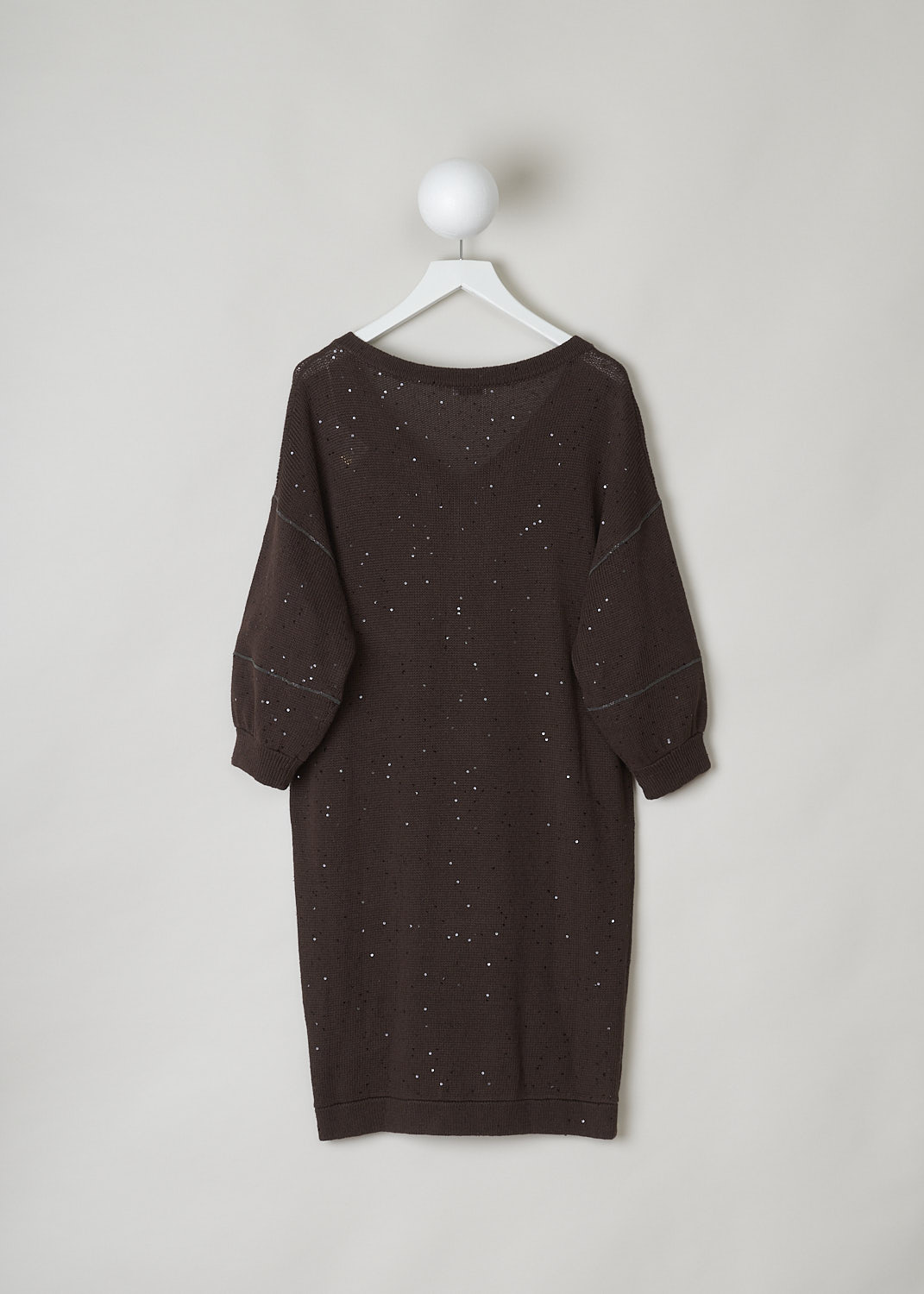 BRUNELLO CUCINELLI, WARM BROWN SWEATER DRESS WITH SEQUINS, Brown, Back, This warm brown knitted sweater dress has a V-neckline, dropped shoulders and three-quarter sleeves. The neckline, cuffs and hemline have a ribbed finish. The dress has sequins sewn in throughout and along the shoulders and across the sleeves, monili beaded strips can be found. The dress has a wider silhouette.  
