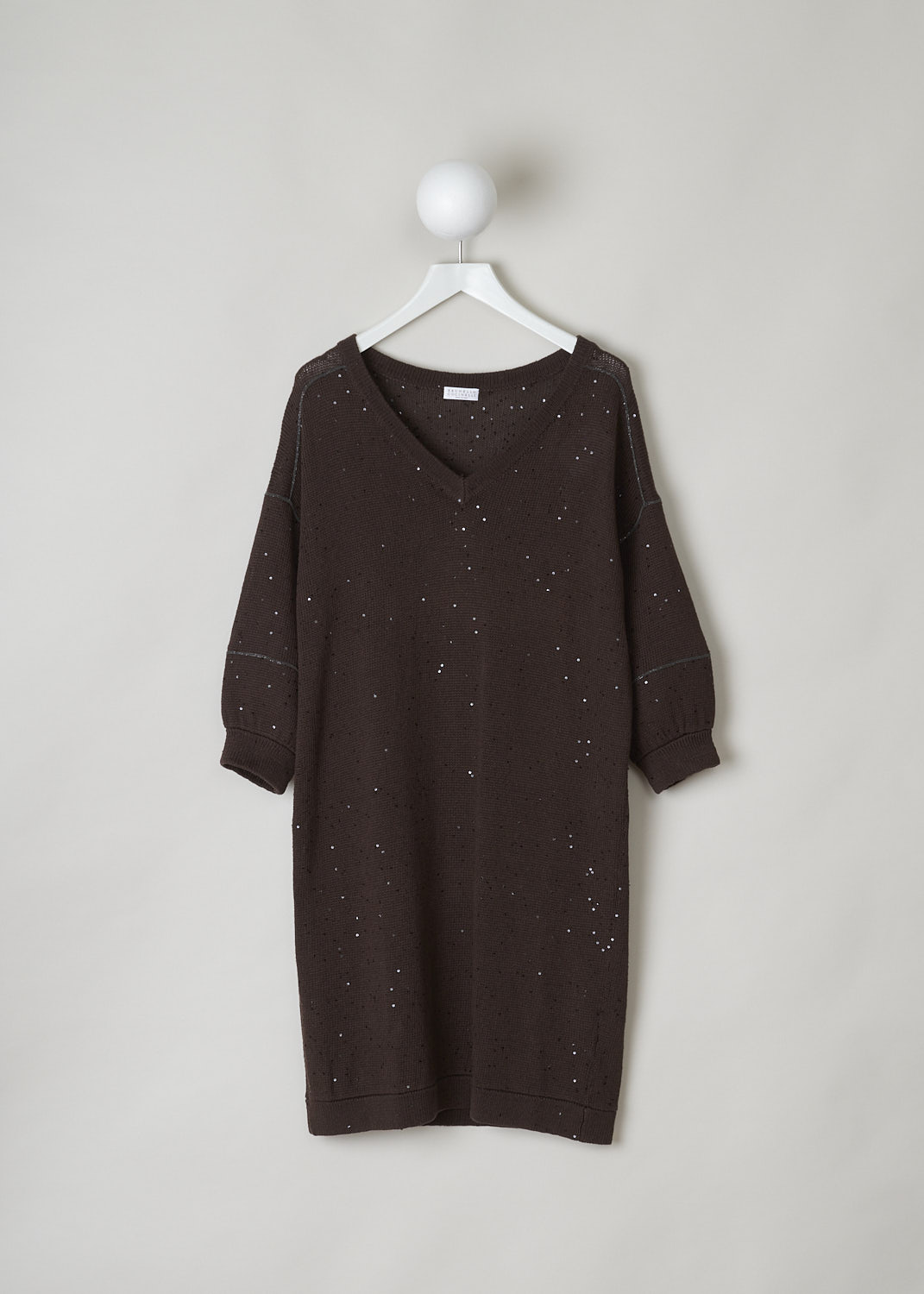 BRUNELLO CUCINELLI, WARM BROWN SWEATER DRESS WITH SEQUINS, Brown, Front, This warm brown knitted sweater dress has a V-neckline, dropped shoulders and three-quarter sleeves. The neckline, cuffs and hemline have a ribbed finish. The dress has sequins sewn in throughout and along the shoulders and across the sleeves, monili beaded strips can be found. The dress has a wider silhouette.  
