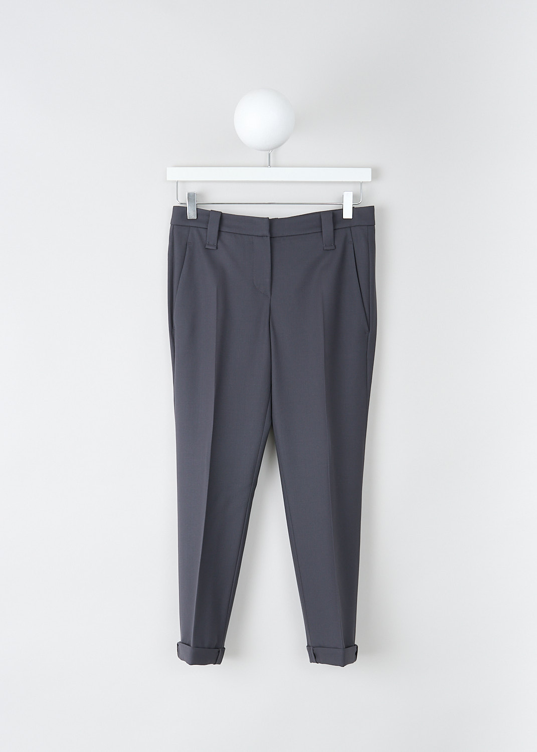 Brunello Cucinelli, Anthracite pants with monili detailing, MA030P1837_C2355, Grey, Front, These anthracite pants have a waistband with belt loops and a concealed clasp and zip closure. These pants have slanted pockets in the front and welt pockets in the back. The tapered pant legs have pressed creased and a folded hem with subtle monini detailing on the seam. 
