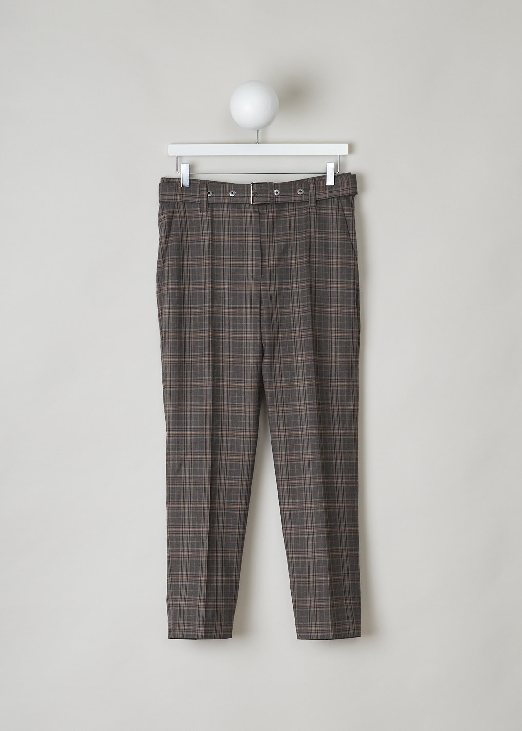 BRUNELLO CUCINELLI, BROWN CHECKERED PANTS WITH BELT, MA143P7055_C001, Brown, Print, Front, These brown checkered pants come with a detachable belt in the same fabric with a metal belt buckle. The pants have tapered pant legs with pressed centre creases. These pants have slanted pockets in the front and welt pockets in the back.

