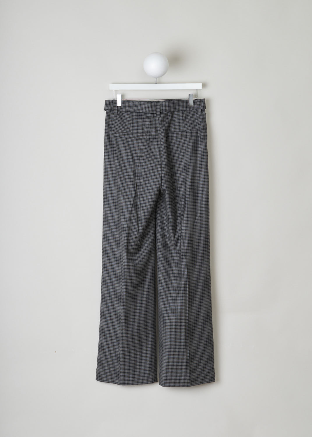 BRUNELLO CUCINELLI, GREY CHECKERED WOOL TROUSERS, MA197P7404_C001, Grey, Back, These grey checkered wool trousers feature a partly elasticated waistband with a detachable belt in the same checkered fabric. The belt has a subtle beaded embellishment. These trousers have slanted pockets and a pleated front and straight, loose fitting pant legs. In the back, two welt pockets can be found. 
