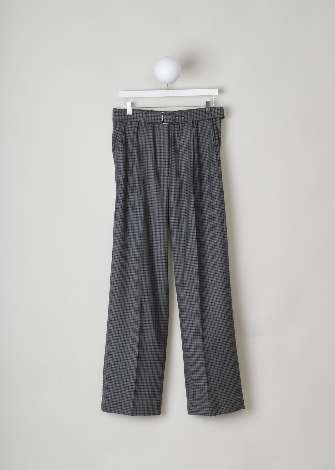 BRUNELLO CUCINELLI, GREY CHECKERED WOOL TROUSERS, MA197P7404_C001, Grey, Front, These grey checkered wool trousers feature a partly elasticated waistband with a detachable belt in the same checkered fabric. The belt has a subtle beaded embellishment. These trousers have slanted pockets and a pleated front and straight, loose fitting pant legs. In the back, two welt pockets can be found. 
