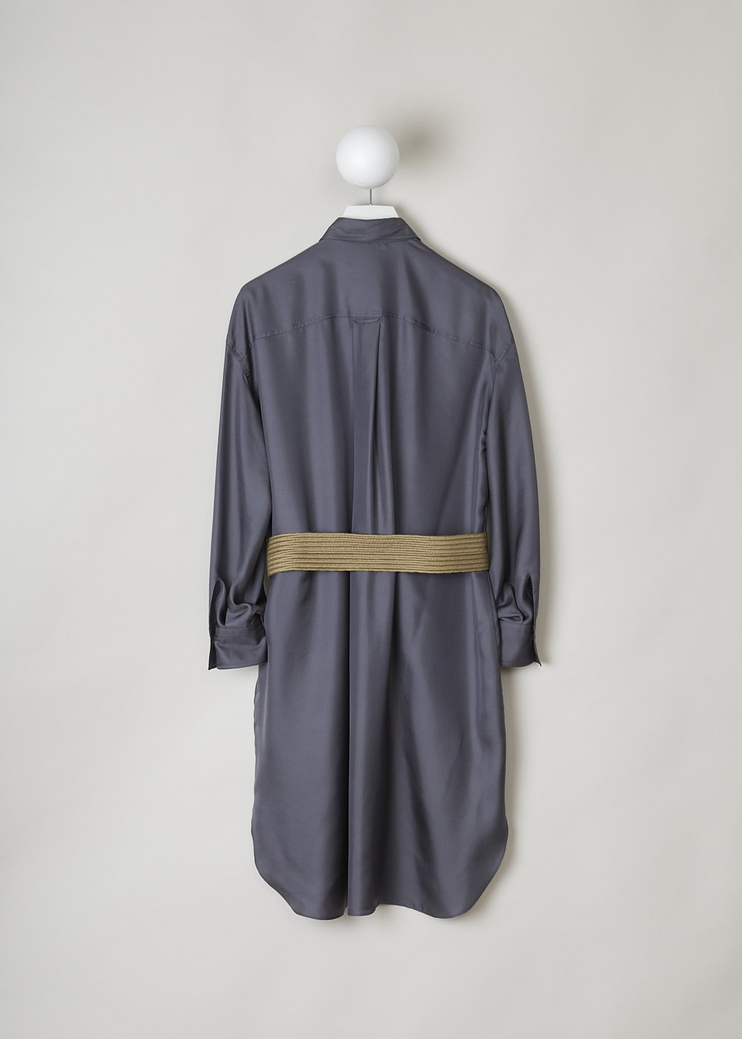 BRUNELLO CUCINELLI, ANTHRACITE SHIRT DRESS WITH BRAIDED BELT, MB953MY306_C079, Grey, Back, This wide anthracite shirt dress has a classic collar a front button closure. The long sleeves have buttoned cuffs. The dress has four stitched on pockets: two monili decorated breast pockets with flap and two slanted patch pockets. The dress has a rounded hemline with an asymmetrical finish, meaning the back is a little longer than the front. The dress comes with braided belt.
