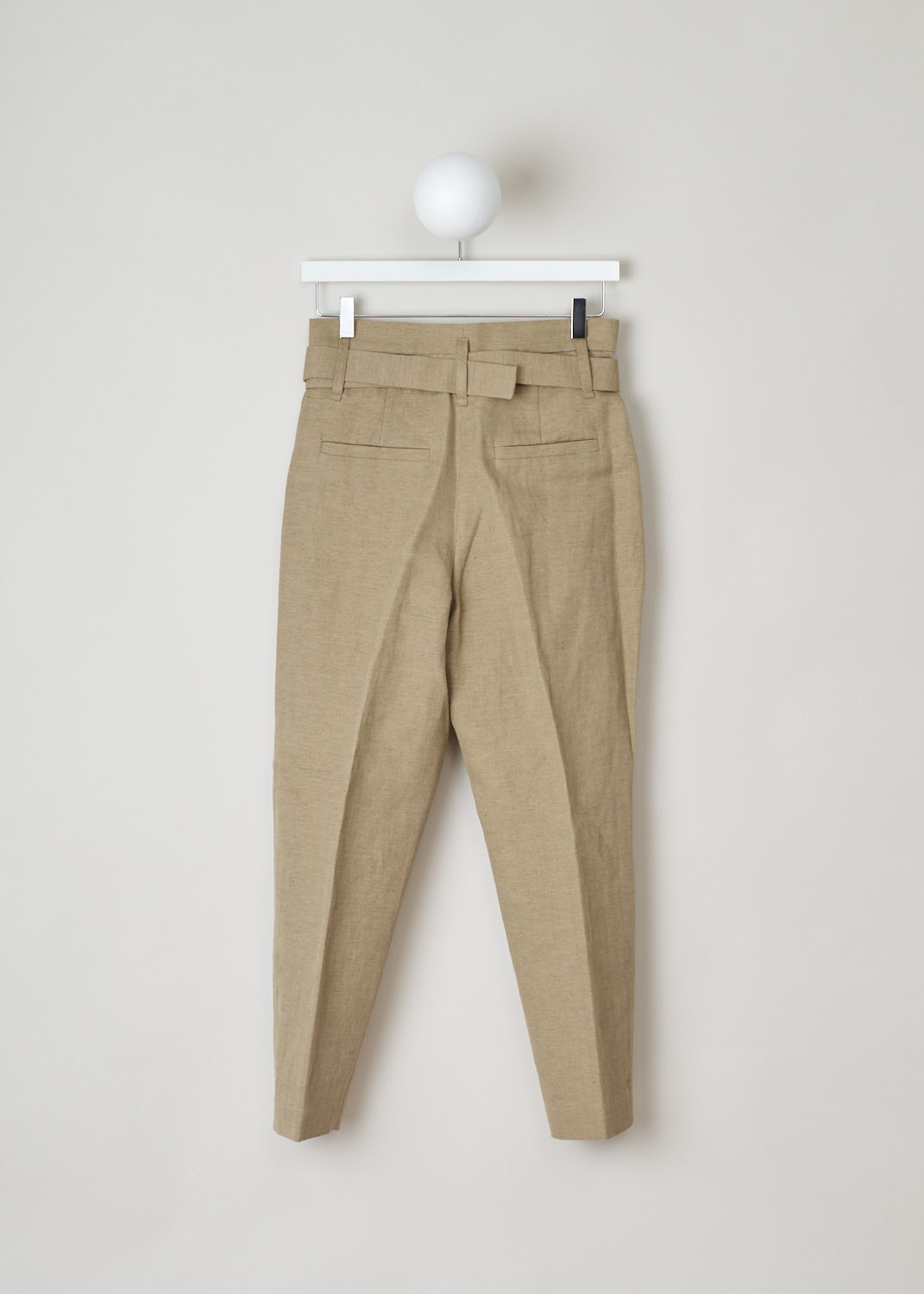 Brunello Cucinelli, high-waisted khaki paperbag pants, MF553P6588_C7178, green, back, High-waist paperbag pants, featuring a D-ring belt and forward slanted pockets. With the cropped length you can show off any shoe you are wearing. Featuring a pleated front and a zipper with a press button as your fastening option. On the back this model has two welt pockets and a elastic waistband for more comfort. 
