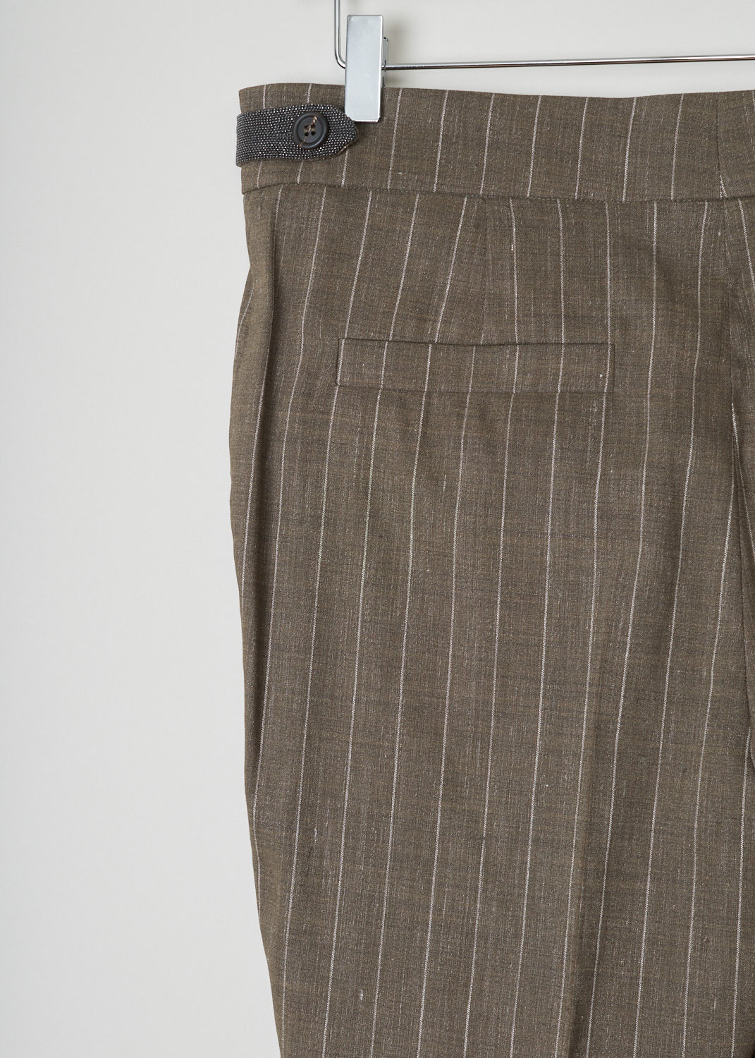 Brunello Cucinelli, Khaki pinstripe pants, MF554P6492_C005, green white, detail, Khaki pinstripe pants, comes without belt loops, but with monili fasteners. Made with a single pleat and forward slanted pockets. On the back it has welt pockets. Comes with a cropped length. As fastening option this model has a zipper, an metal clip and a backing button. 