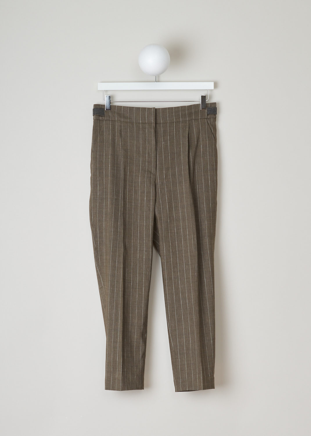 Brunello Cucinelli, Khaki pinstripe pants, MF554P6492_C005, green white, front, Khaki pinstripe pants, comes without belt loops, but with monili fasteners. Made with a single pleat and forward slanted pockets. On the back it has welt pockets. Comes with a cropped length. As fastening option this model has a zipper, an metal clip and a backing button. 