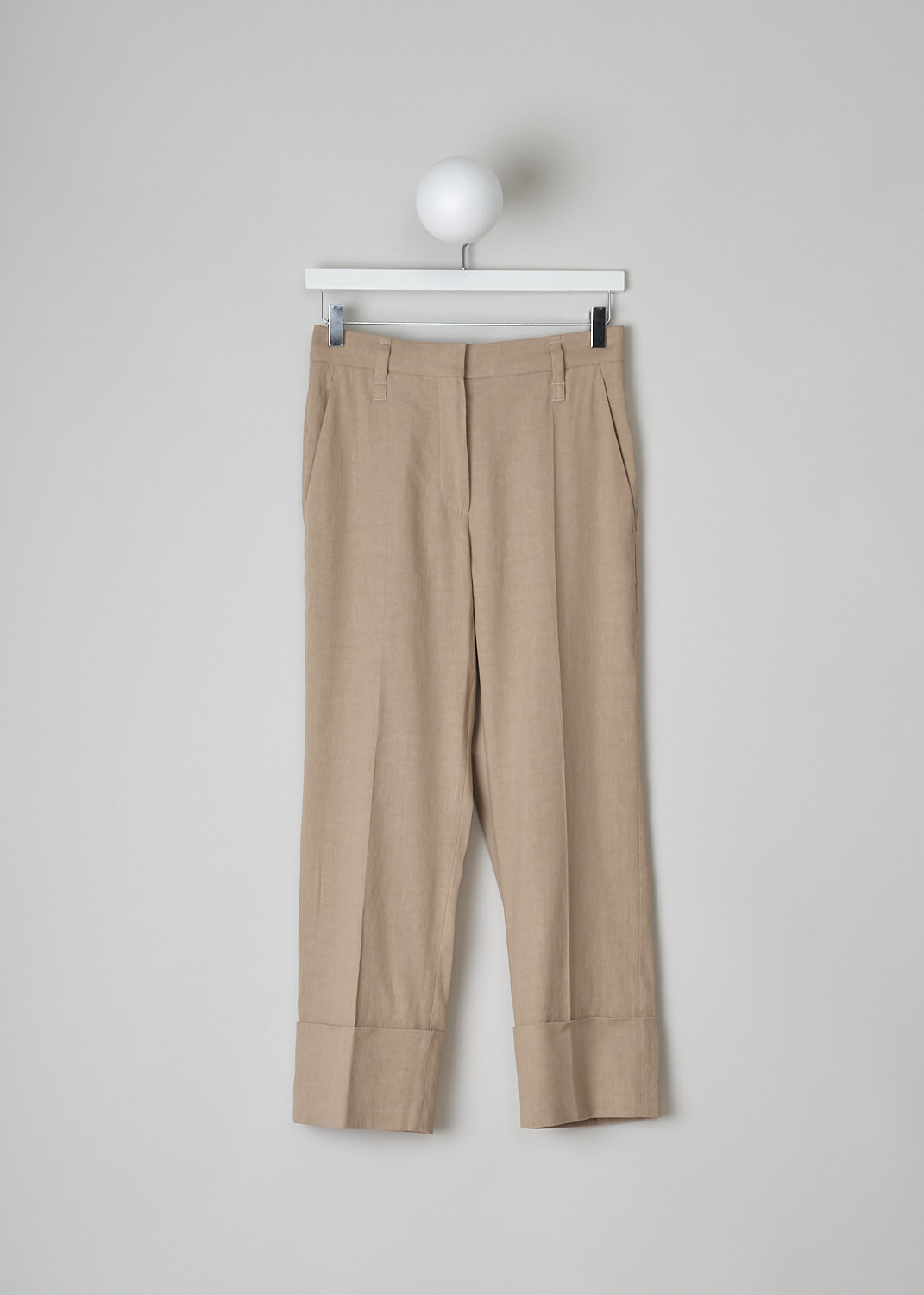 BRUNELLO CUCINELLI, DUSKY PINK LINEN-BLEND PANTS, MF591P7231_C7914, Pink, Front, These dusky pink linen-blend pants have a waistband with belt loops and a concealed clasp and zip closure. The pants have tapered pant legs with pressed centre creases and a broad folded hem. These pants have slanted pockets in the front and welt pockets in the back.
