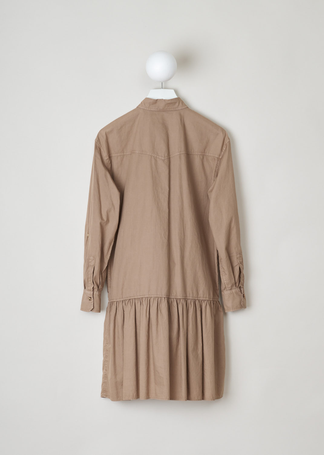 Brunello Cucinelli, Brown shirt dress, ML680AR321_C6067, brown, back, Brown shirt dress with a dropped waist. This cotton dress features a pointed collar, long sleeves with cuffs, which close with a single button. The signature, monili beads, on this model adorn the breast pockets. Your closing option is the buttons on the front.