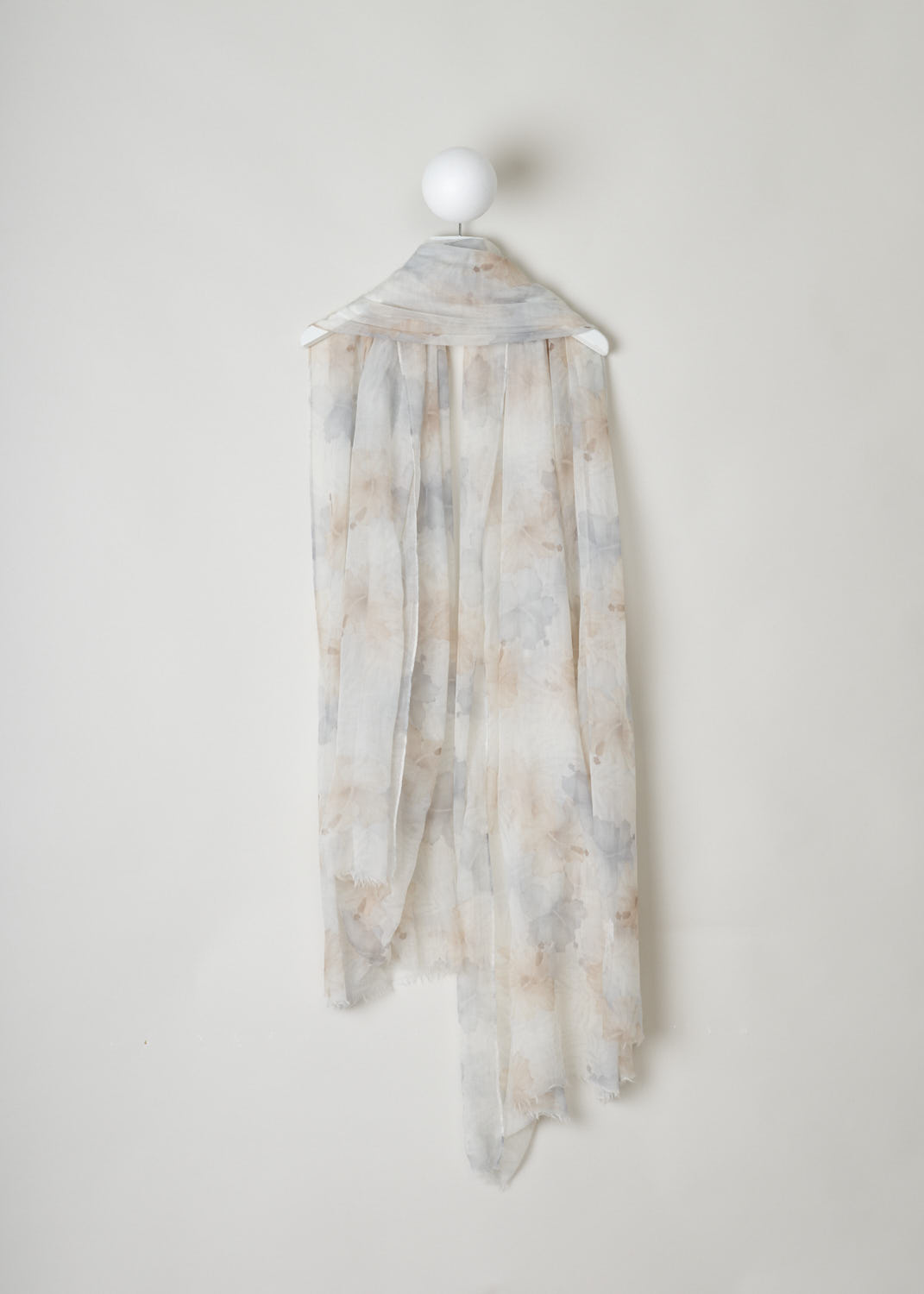 BRUNELLO CUCINELLI, FLORAL PRINTED SHAWL IN SOFT HUES,  MSCDAGW06_CL471, Print, Back, 
Beautiful shawl with a watery floral pattern in soft beige and grey hues. 

Length: 230 cm, 90.5 inch.