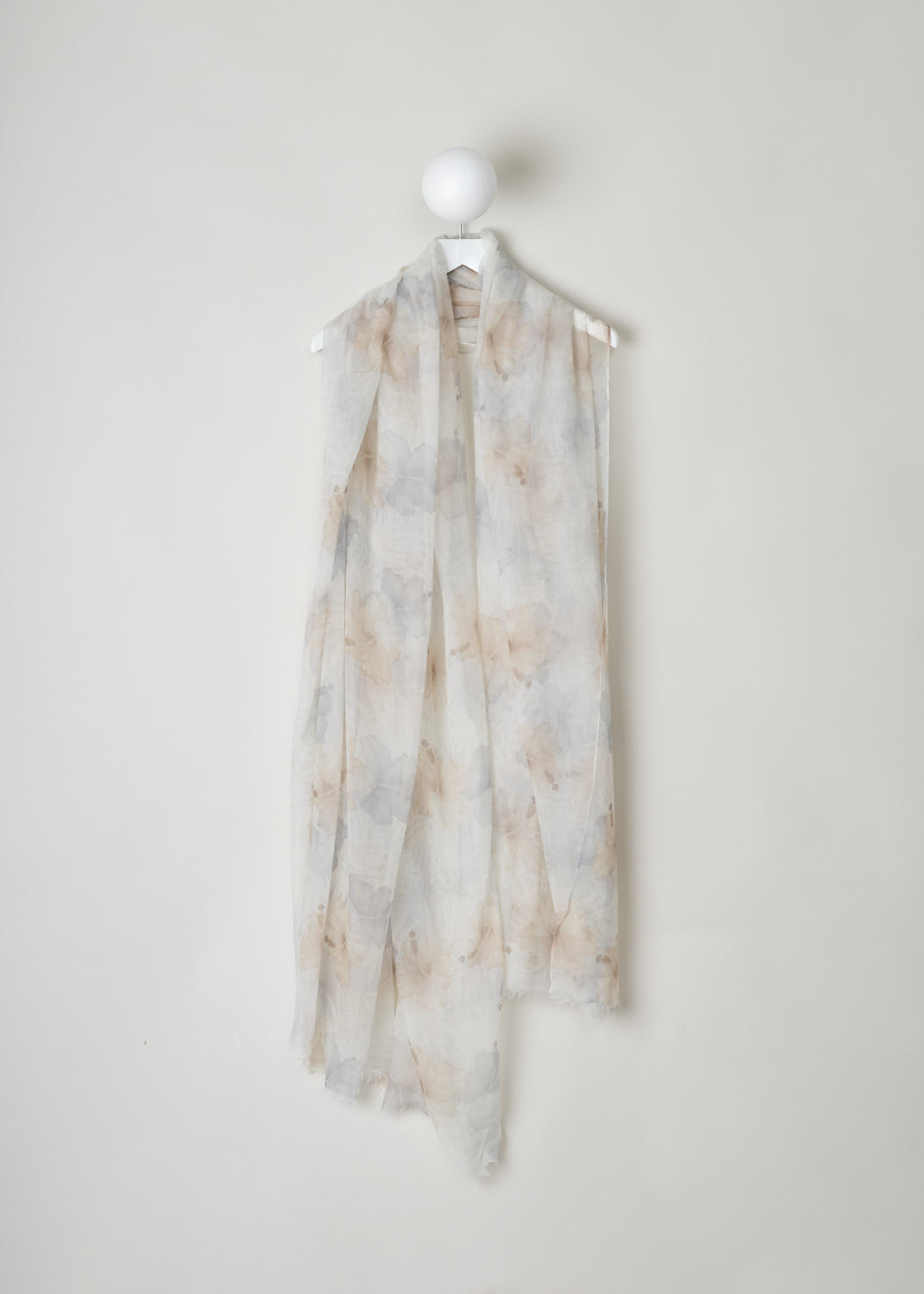 BRUNELLO CUCINELLI, FLORAL PRINTED SHAWL IN SOFT HUES,  MSCDAGW06_CL471, Print, Front, 
Beautiful shawl with a watery floral pattern in soft beige and grey hues. 

Length: 230 cm, 90.5 inch.
