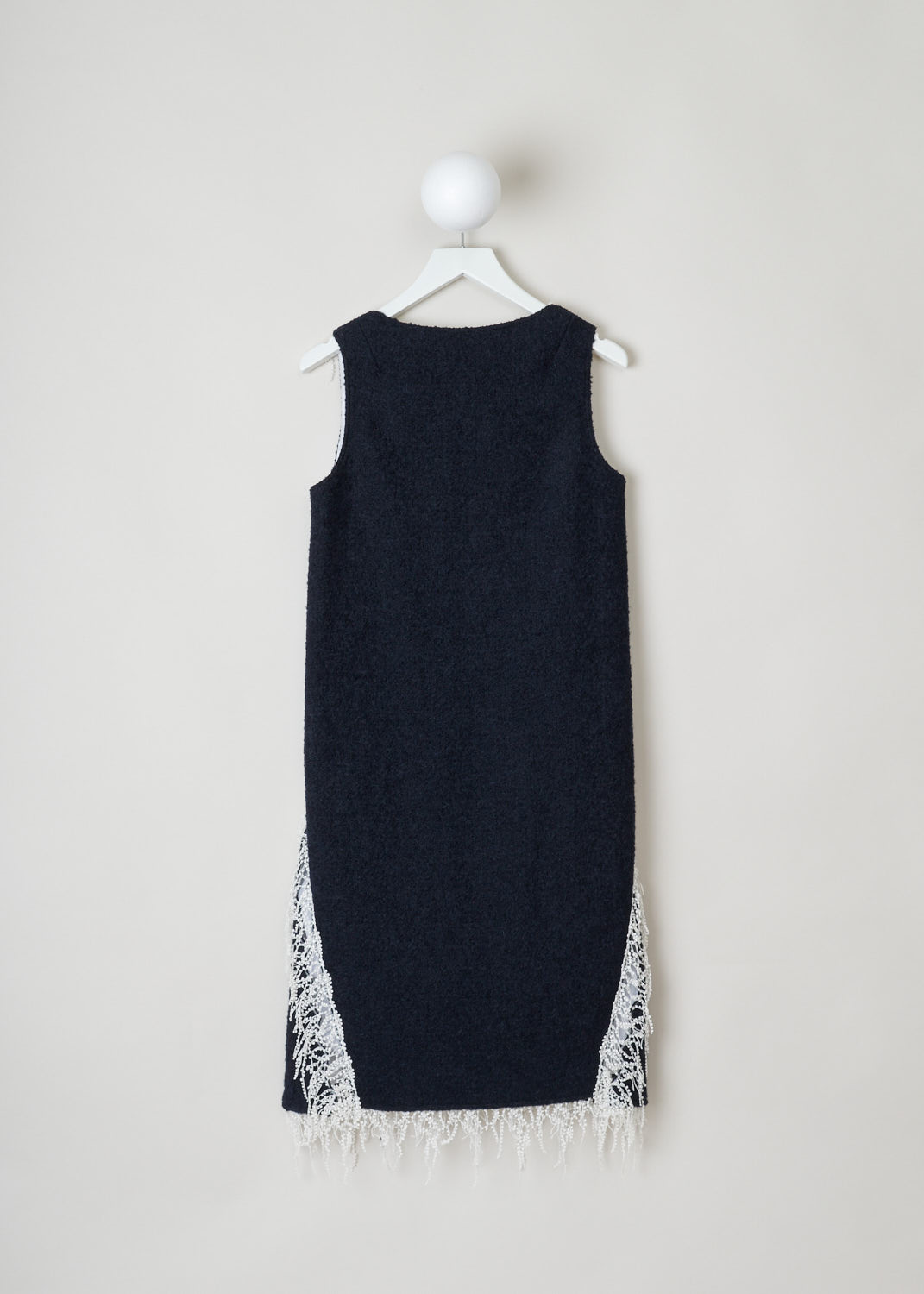 Calvin Klein 205w39nyc, Navy a-line dress with decorative neckline, 84WWDE52_W220_416, black, back, A-line dress crafted of a navy bouclÃ© wool. Featuring a V-neckline and open laser-cut seams and white trims. Furthermore, the dress has a knee length and a concealed zipper on the left side.