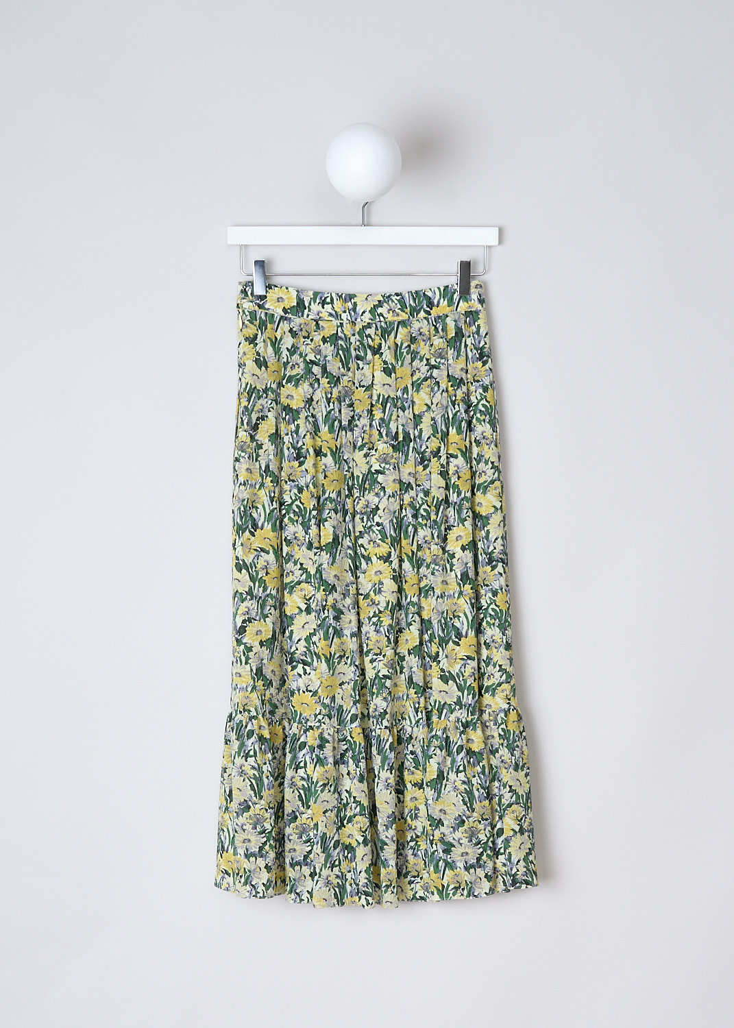 CELINE, GREEN AND YELLOW FLORAL MIDI SKIRT, 187R_2J439_01KS, Yellow, Green, Print, Back, This pleated midi skirt has an all-over multicolored floral print. The skirt has a concealed side zip. The skirt has a straight hem.


