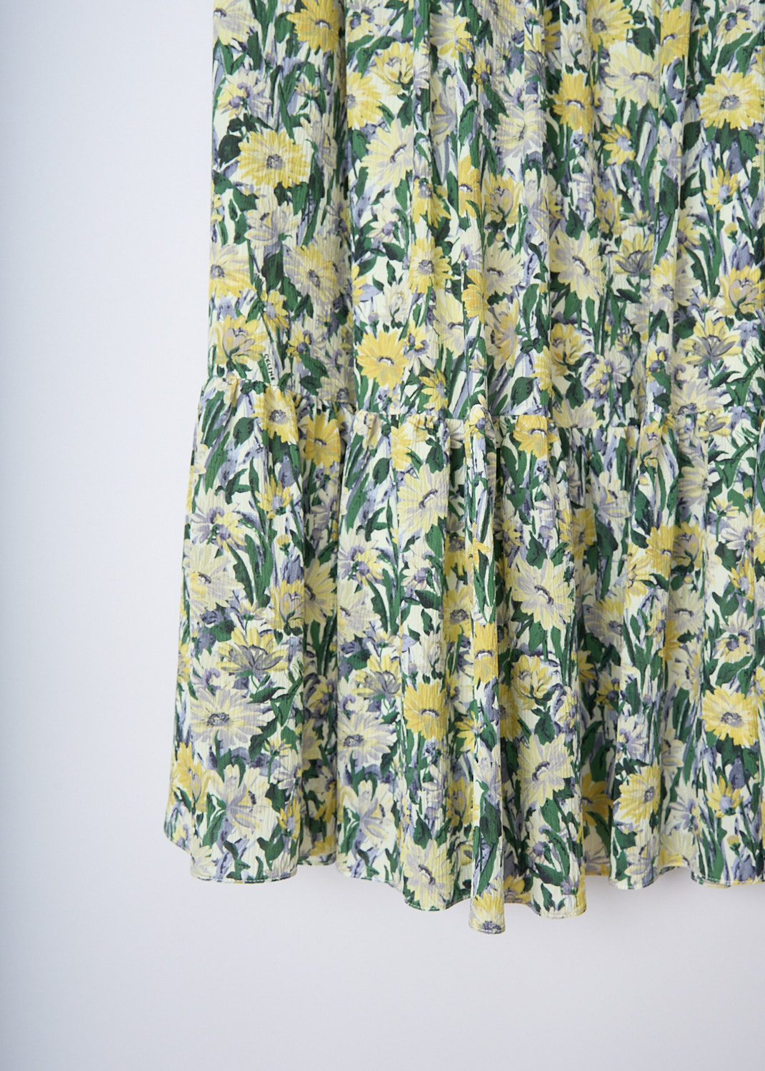 CELINE, GREEN AND YELLOW FLORAL MIDI SKIRT, 187R_2J439_01KS, Yellow, Green, Print, Detail, This pleated midi skirt has an all-over multicolored floral print. The skirt has a concealed side zip. The skirt has a straight hem.


