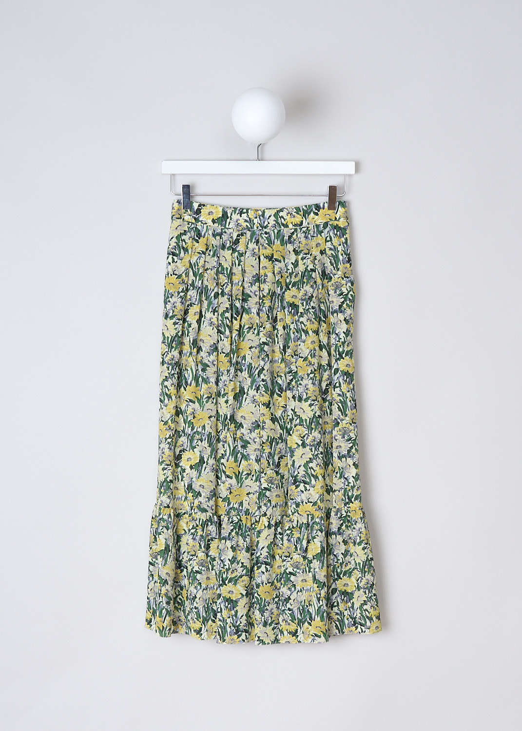 CELINE, GREEN AND YELLOW FLORAL MIDI SKIRT, 187R_2J439_01KS, Yellow, Green, Print, Front, This pleated midi skirt has an all-over multicolored floral print. The skirt has a concealed side zip. The skirt has a straight hem.


