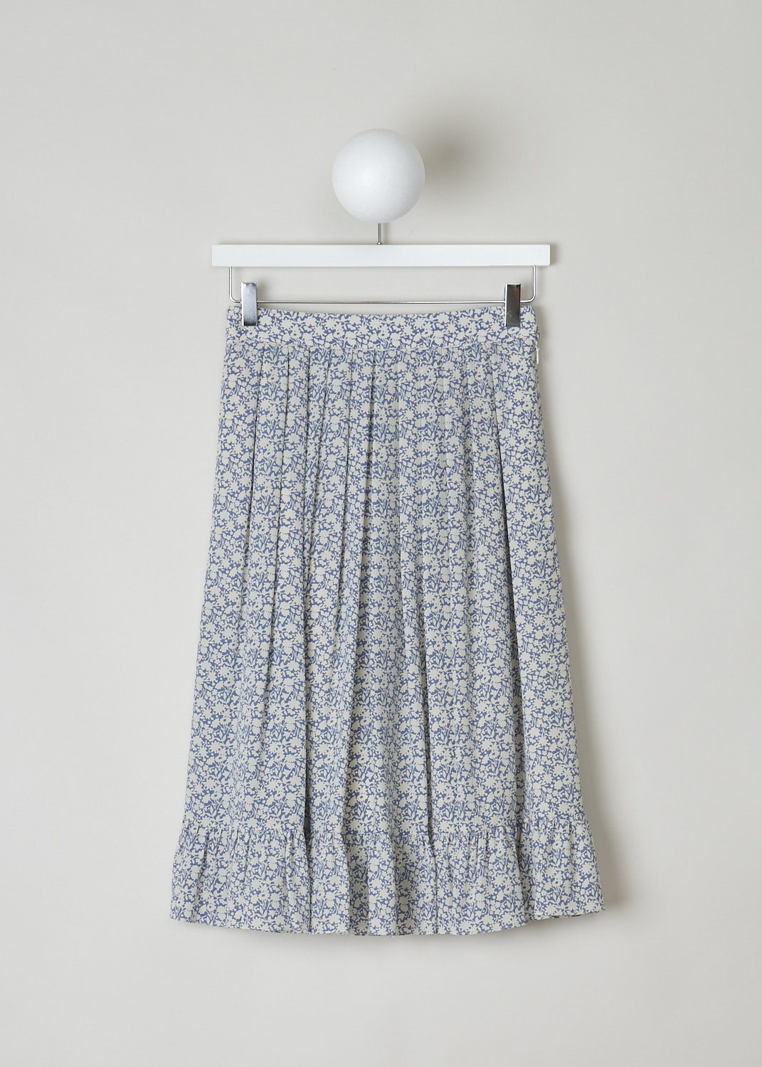 CELINE, BLUE AND WHITE FLORAL MIDI SKIRT, 757L_2J264_07BW, Blue, White, Print, Front, This blue and white floral pleated skirt has a concealed side zip, concealed slanted pockets and a flounce hemline. The skirt is midi length and is fully lined. 
