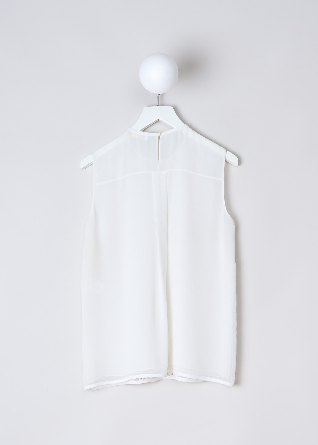 CHLOÉ, SLEEVELESS TOP WITH EMBROIDERED DETAILING, 14AHT15_14A005_MILK, White, Back, This sleeveless semi-sheer top is made in a milk white crêpe fabric. The top has a high round neckline with a single button closure in the back of the neck. The top has an embroidered front. The top has a second semi-sheer lining. The hemline is straight. 
