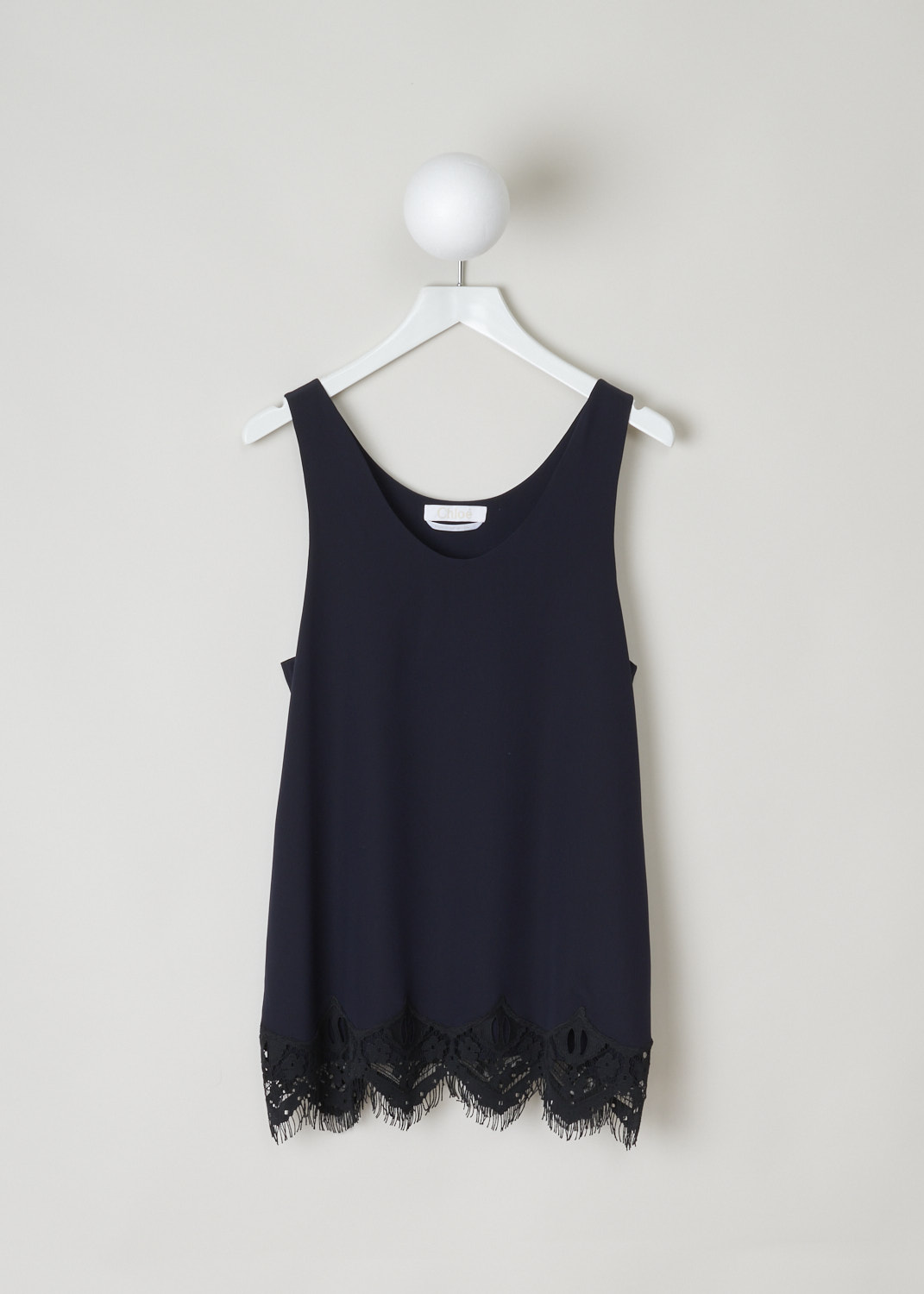 ChloÃ©, Navy tank-top with black lace detailing, 16EHT92_16E004_7V1_navy_black, blue, front, A lovely basic being this navy tank-top. Featuring a scoop neckline, and has a lace decorated hem. 