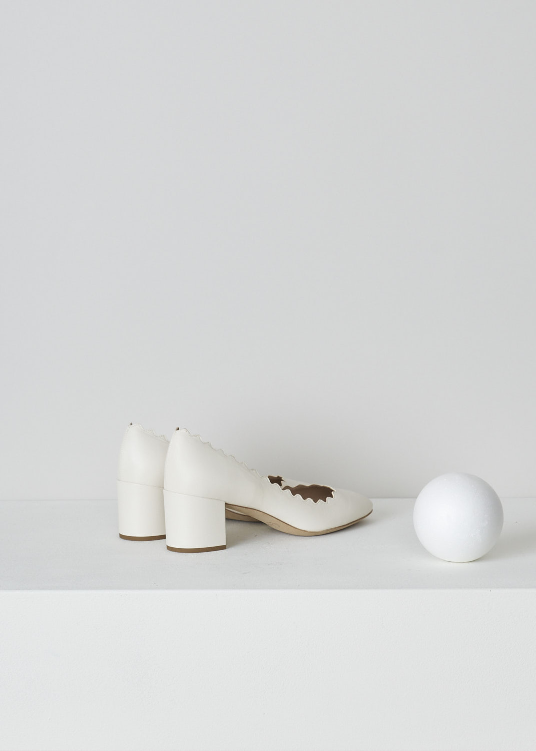 CHLOÃ‰, SCALLOPED LAUREN PUMPS IN CLOUDY WHITE, CHC16A23075121_CLOUDY_WHITE,  White, Back, White leather Lauren pumps featuring a sturdy block heel, round toe vamp and a scalloped top-line.

