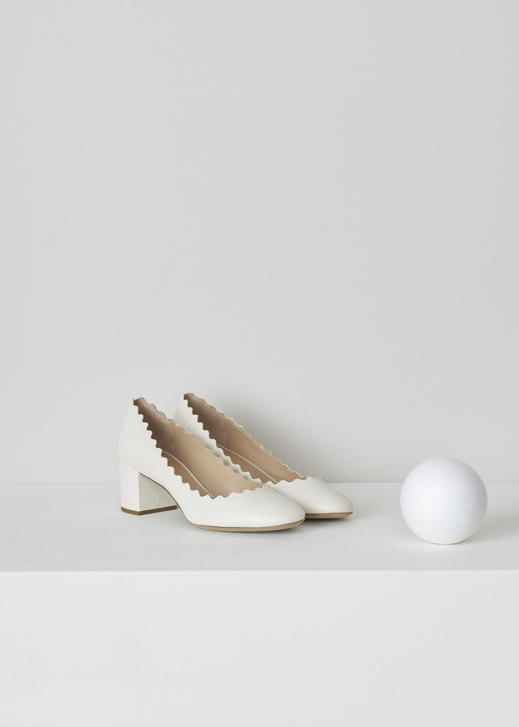 CHLOÃ‰, SCALLOPED LAUREN PUMPS IN CLOUDY WHITE, CHC16A23075121_CLOUDY_WHITE,  White, Front, White leather Lauren pumps featuring a sturdy block heel, round toe vamp and a scalloped top-line.
