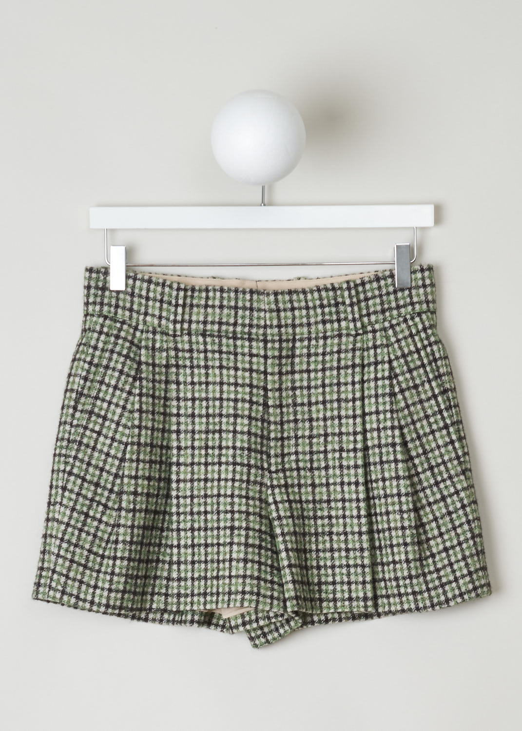 CHLOÃ‰, VIBRANT GREEN CHECK SHORTS, CHC21ASH2106439T38, Green, Print, Front, These beautiful vibrant green check shorts are soft to the touch. There is a concealed front closure with two hooks and a zipper and the shorts also have belt loops. The front of the shorts is decorated with pleats. Two forward slanted pockets can also be found in the front and two welt pockets on the back. 