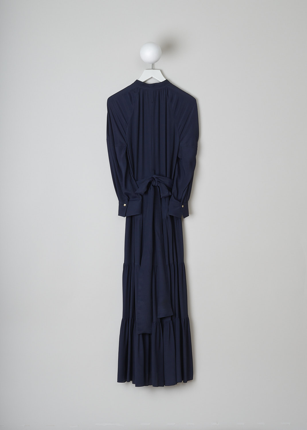 CHLOÃ‰, INK NAVY GATHERED CREPE MAXI DRESS, CHC21SRO020324C3_INK_NAVY,  Blue, Back, This Inky Navy dress has a mandarin collar with a front button placket with gold-tone buttons that reaches halfway down the pleated bodice. The long balloon sleeves have buttoned cuffs with those same gold-tone buttons. A matching detachable fabric belt can be used to cinch in the waist. The dress has a tiered maxi skirt with two side slanted pockets.
