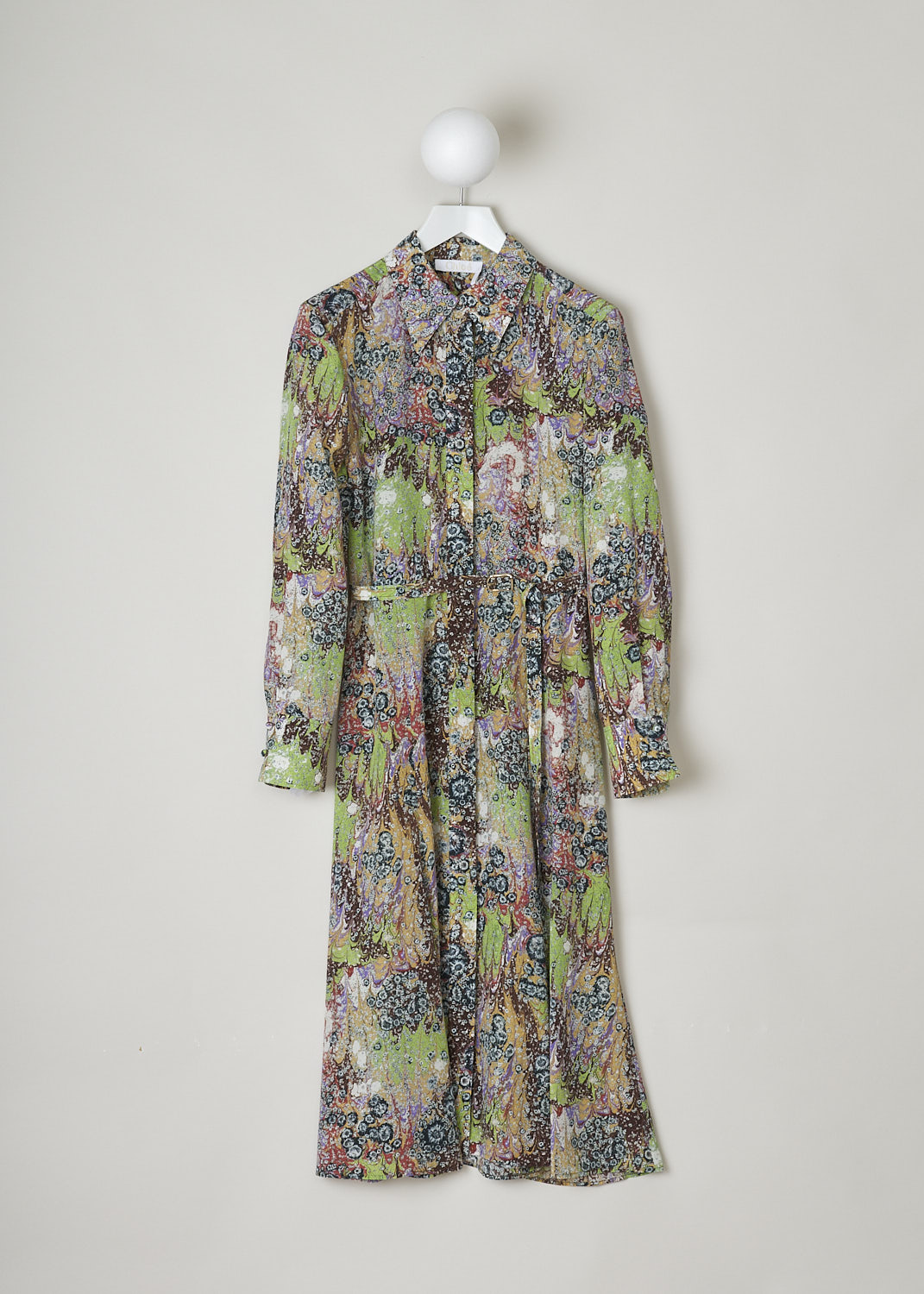 CHLOÃ‰, MULTICOLOR PRINTED SHIRT DRESS WITH BELT, CHC21WRO363053ZA_MULTICOLOR_GREEN, Print, Green, Brown, Front, This silk shirt dress has an all-over multicolored print. The dress has a pointed collar and a concealed front button closure. The long sleeves have buttoned cuffs. The midi-length skirt flares out. The dress comes with a narrow belt in the same fabric.   
