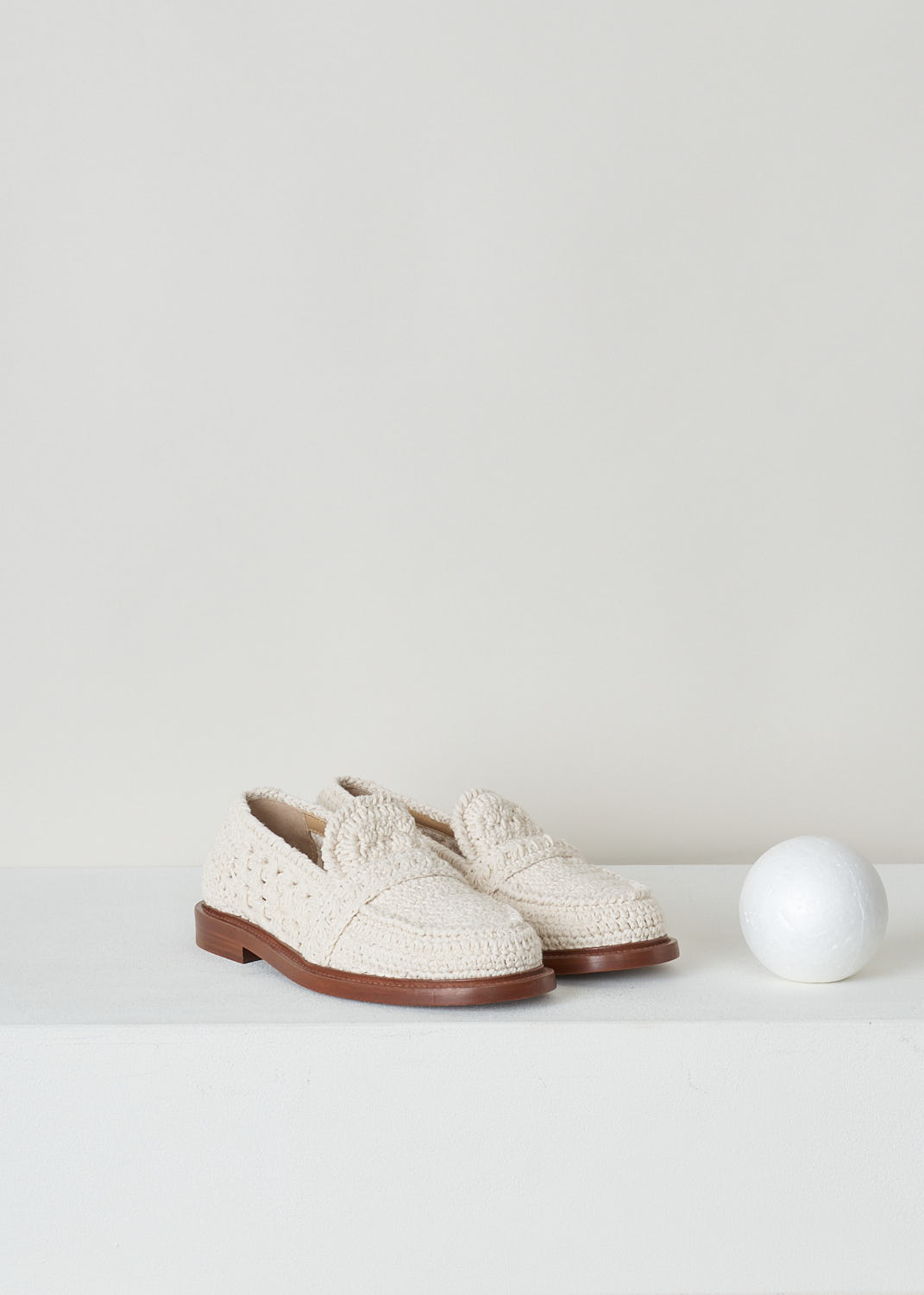 CHLOÃ‰, BEIGE CROCHET LOAFERS, 
CHC22S584X0122_KALYA_FLAT_LOAFERS_122_EGGSHELL, Beige, Front, These beige crochet loafers have a slip-on style with a round toe. The shoes have a sleek brown sole.
