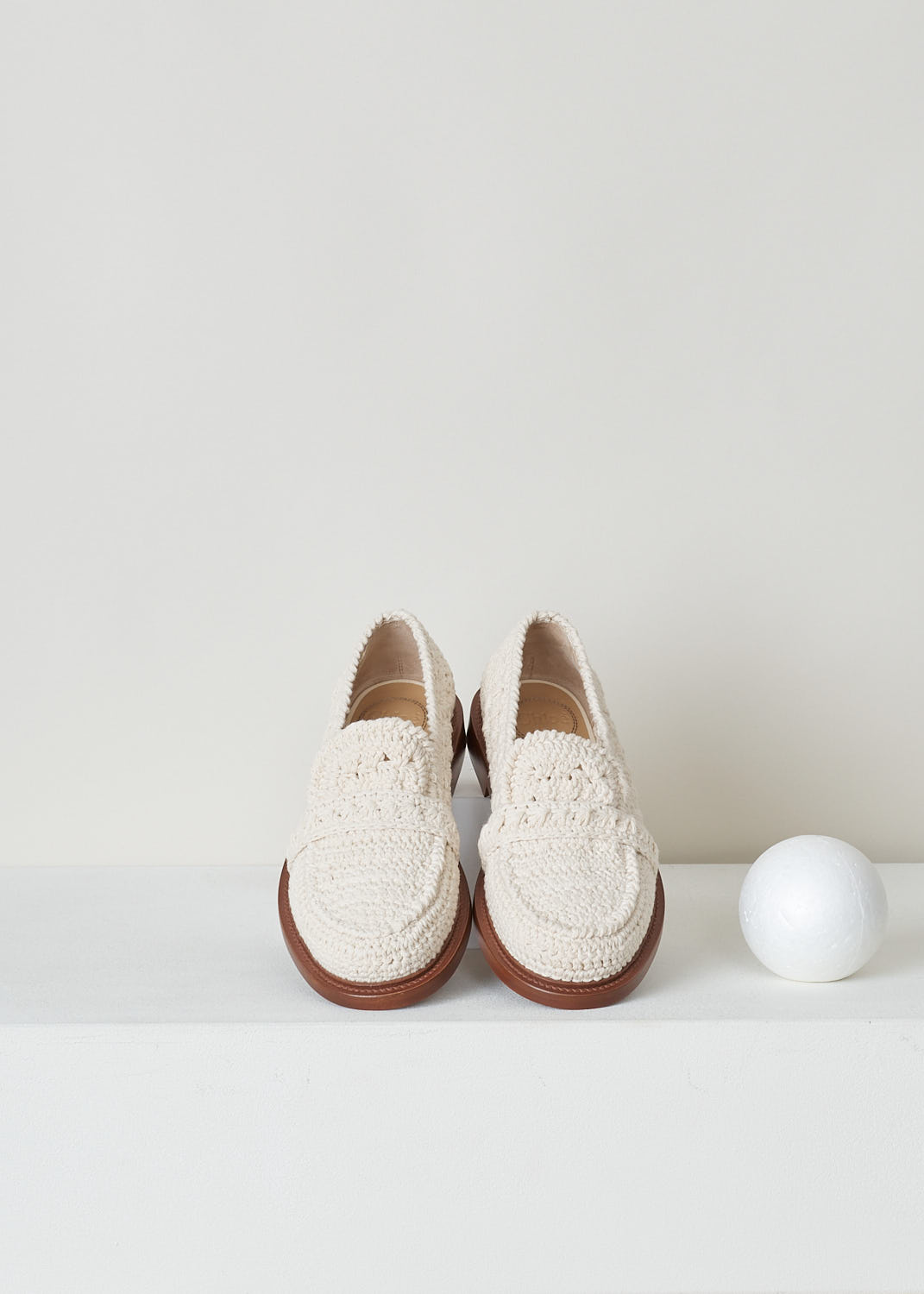 CHLOÃ‰, BEIGE CROCHET LOAFERS, 
CHC22S584X0122_KALYA_FLAT_LOAFERS_122_EGGSHELL, Beige, Top, These beige crochet loafers have a slip-on style with a round toe. The shoes have a sleek brown sole.

