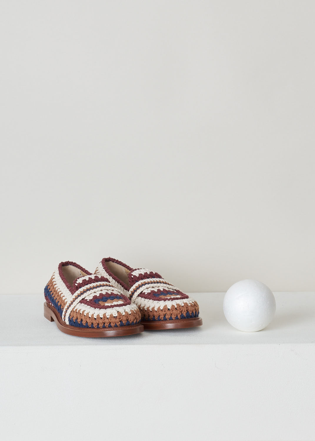CHLOÃ‰, CROCHET MULTICOLOR LOAFERS, CHC22S584X04ZA_KALYA_FLAT_LOA_4ZA_MULTICOLOR_BLUE, Print, Front, These multicolored crochet loafers have a slip-on style with a round toe. The shoes have a sleek brown sole.
