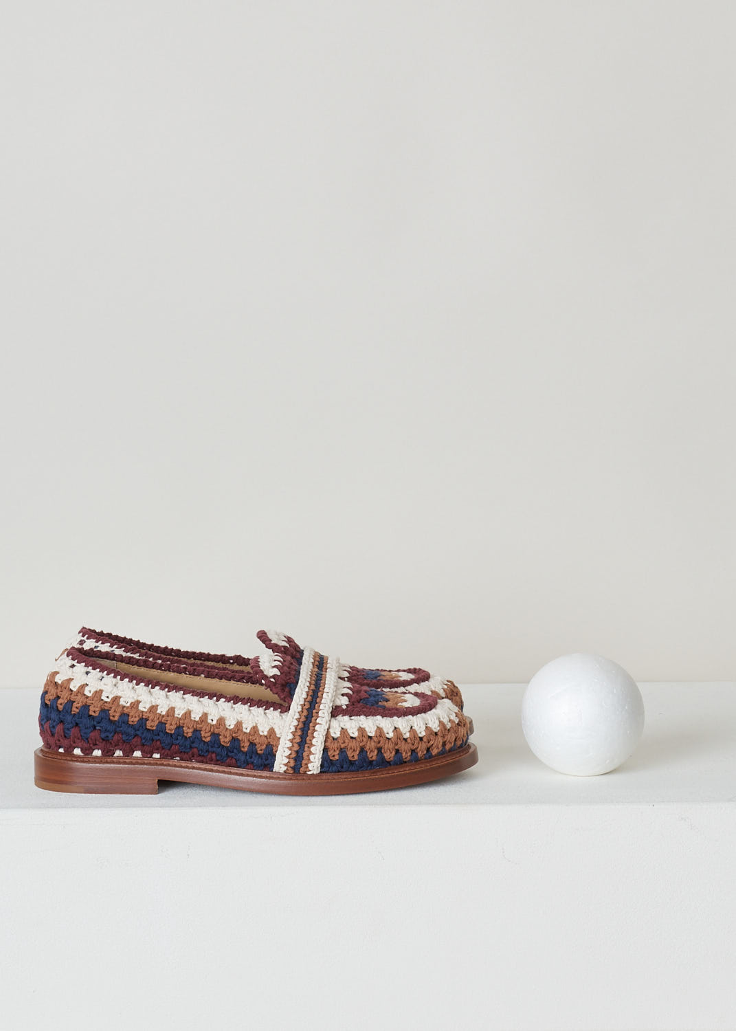 CHLOÃ‰, CROCHET MULTICOLOR LOAFERS, CHC22S584X04ZA_KALYA_FLAT_LOA_4ZA_MULTICOLOR_BLUE, Print, Side, These multicolored crochet loafers have a slip-on style with a round toe. The shoes have a sleek brown sole.
