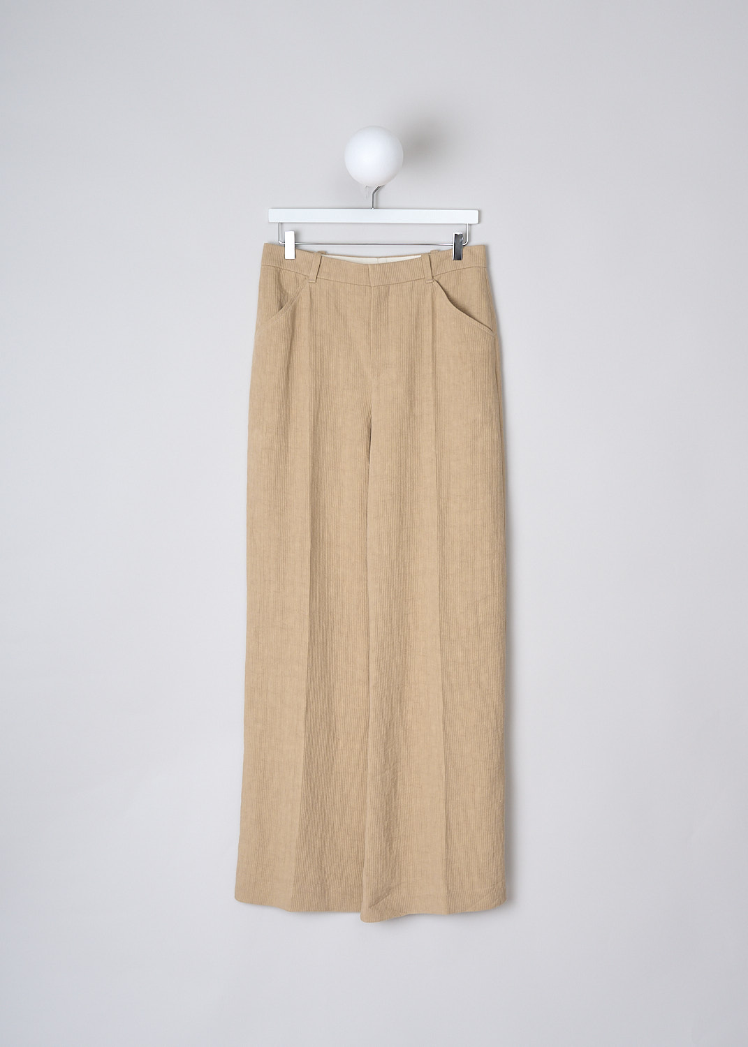 CHLOÉ, BEIGE CORDUROY PANTS, CHC22SPA2603920M_PASTEL_PINK, Beige, Front, These beige corduroy pants have a waistband with belt loops and a concealed clasp and zip closure. The pants have slanted pockets in the front and welt pockets in the back. The wide pant legs have a straight hem.
