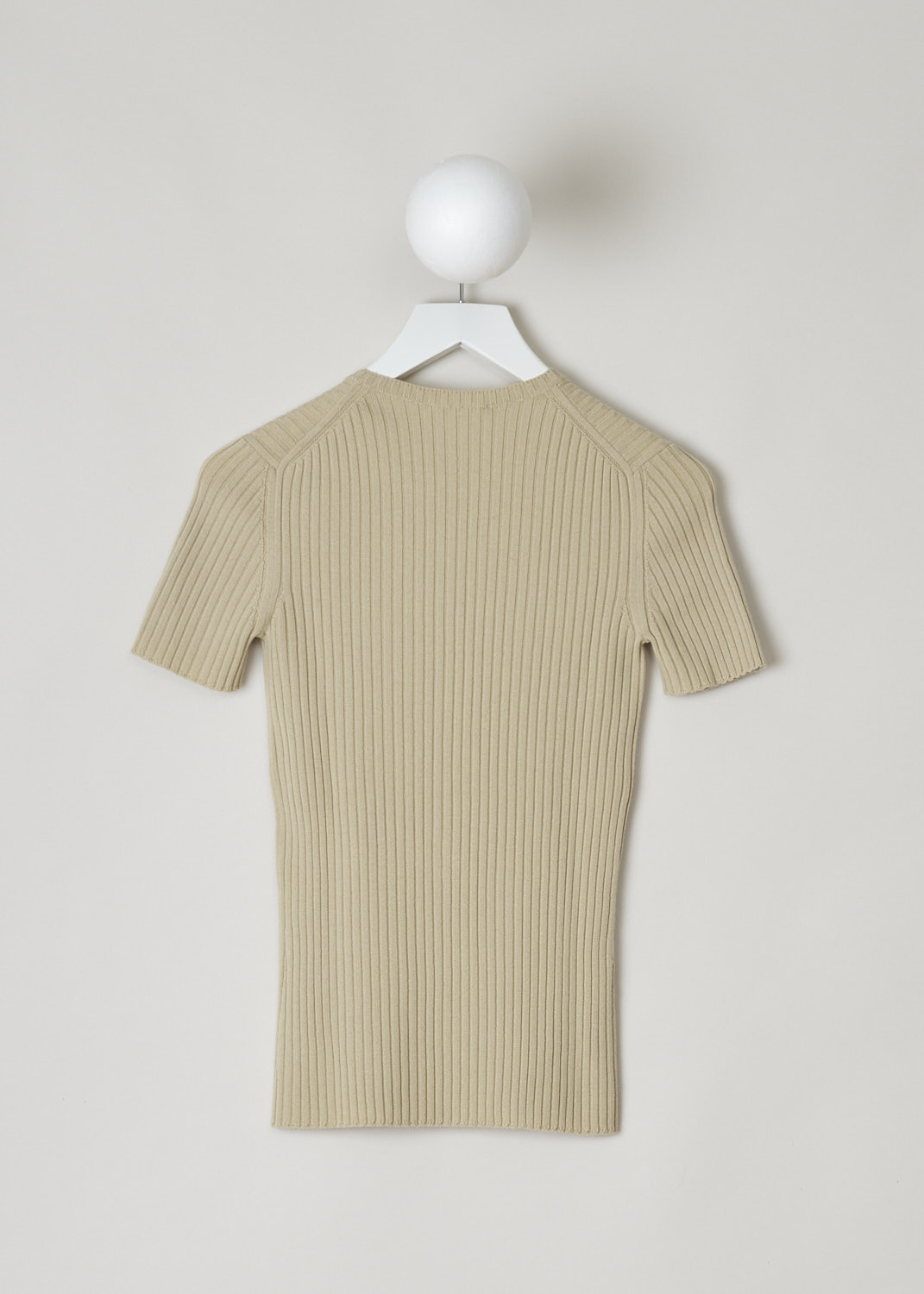 CHLOÃ‰, BEIGE RIBBED TOP, CHC22UMP3865020M_PASTEL_PINK, Beige, Back, This beige ribbed top has a round neckline, short sleeves and a placket with functional ball buttons that go down the front to about midway. The top has an elongated cut.

