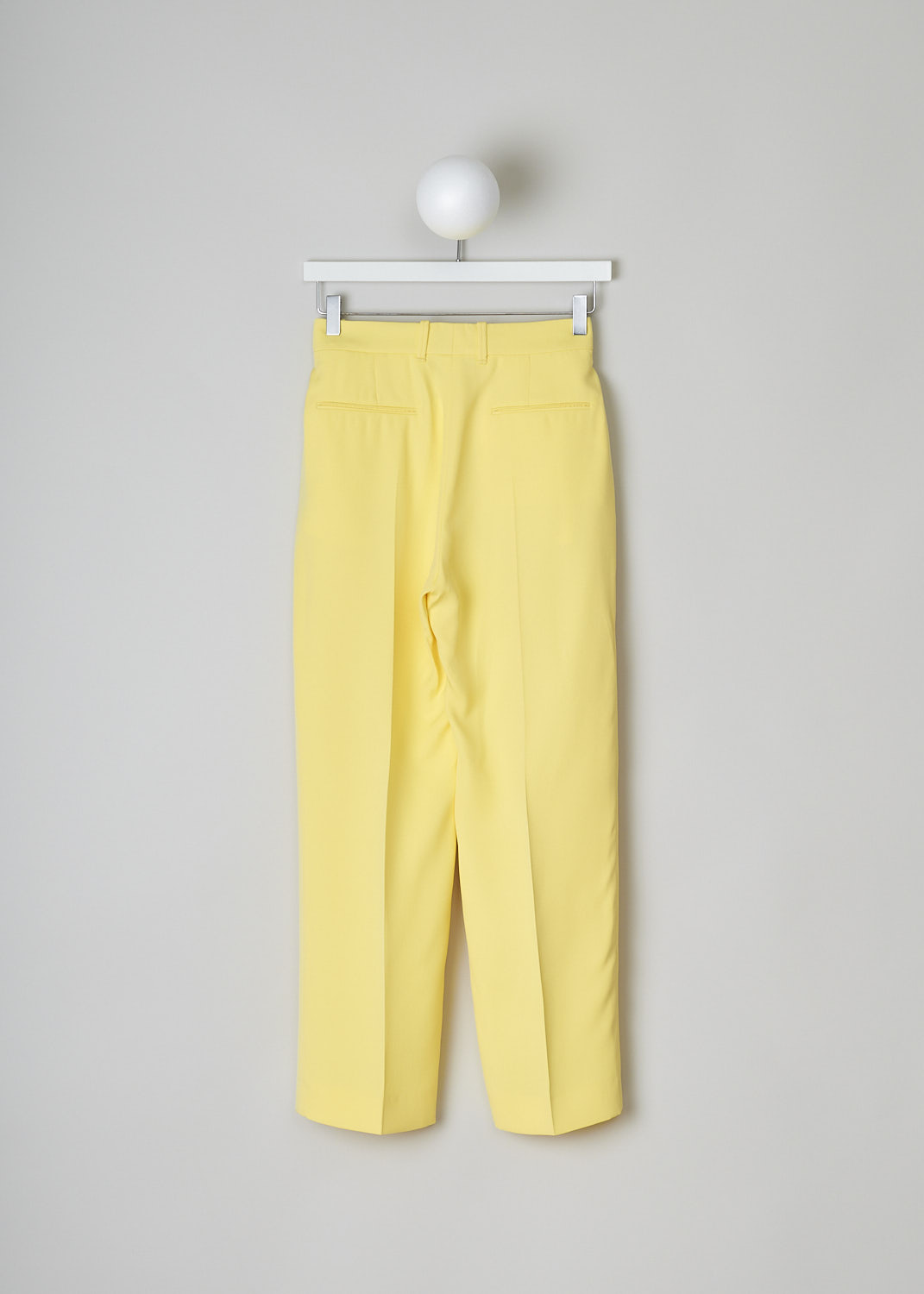 CHLOÉ, RADIANT YELLOW CLASSIC SILK PANTS, CHC22UPA12015757_RADIANT_YELLOW, Yellow, Back, These radiant yellow high-waisted pants have a waistband with belt loops and a concealed front zip and clasp closure. These pants have straight, cropped pant legs with pressed centre creases with slanted pockets in the front and welt pockets in the back.
