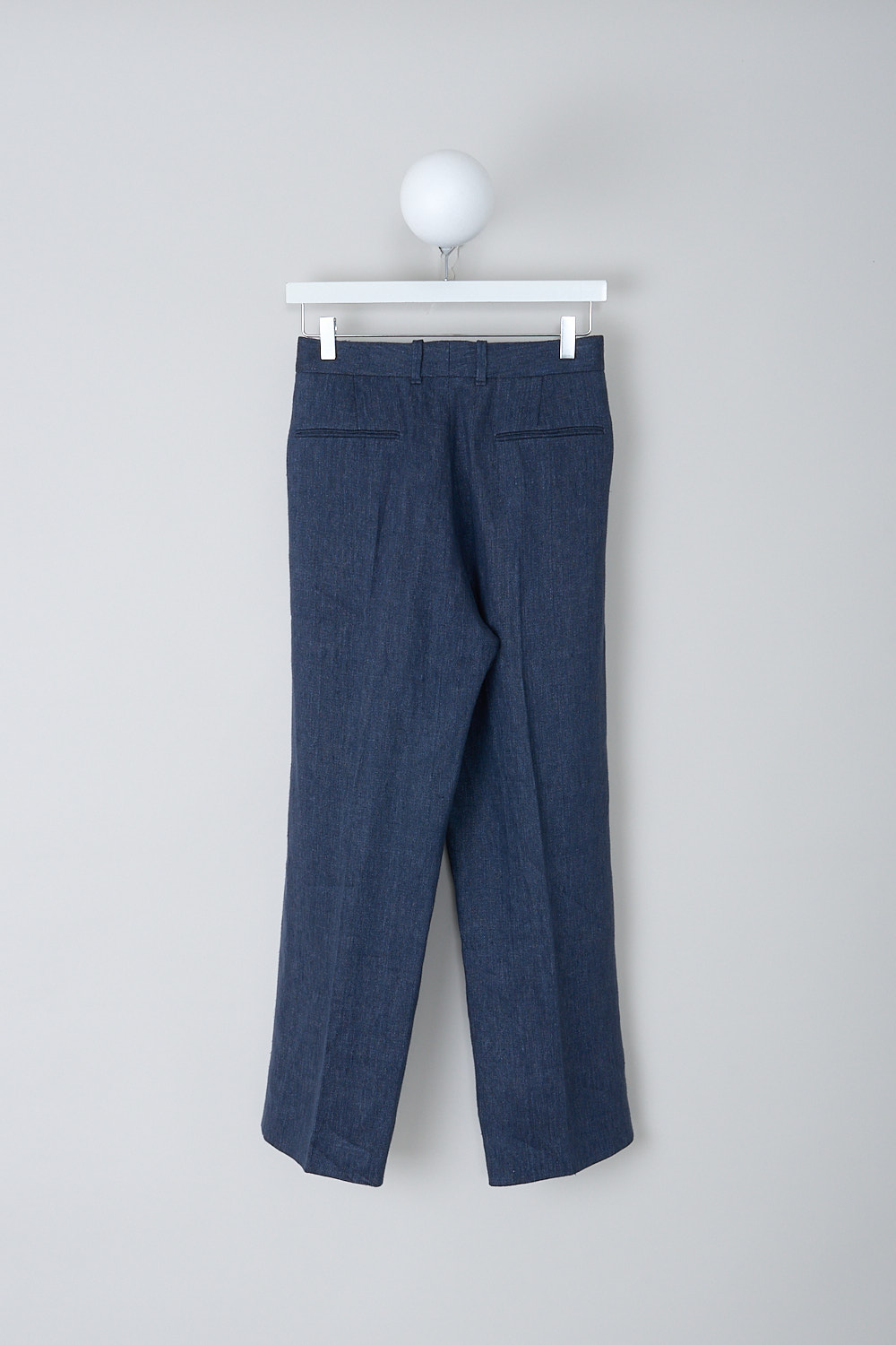 CHLOÉ, LINEN PANTS IN DEEP OCEAN, CHC22UPA1203949Y_DEEP_OCEAN, Blue, Back, These linen pants in Deep Ocean blue  have a waistband with belt loops and a concealed front zip and clasp closure. In the front, these pants have slanted pockets. The wider pant legs have pressed centre creases in the front and back. In the back, these pants have welt pockets 
