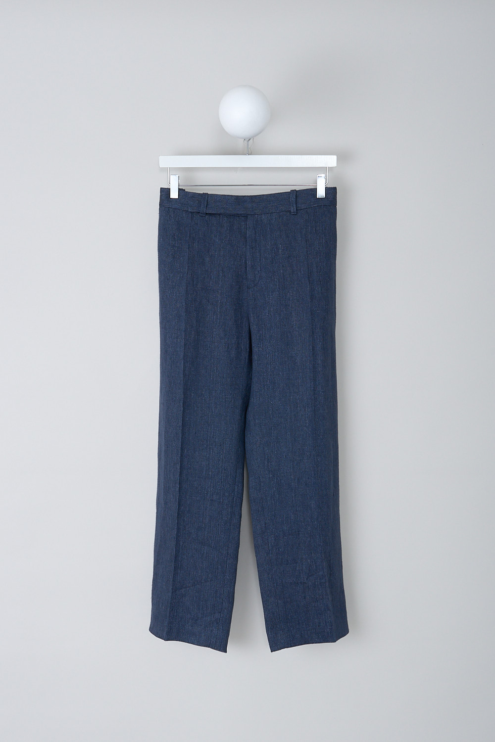 CHLOÉ, LINEN PANTS IN DEEP OCEAN, CHC22UPA1203949Y_DEEP_OCEAN, Blue, Front, These linen pants in Deep Ocean blue  have a waistband with belt loops and a concealed front zip and clasp closure. In the front, these pants have slanted pockets. The wider pant legs have pressed centre creases in the front and back. In the back, these pants have welt pockets 
