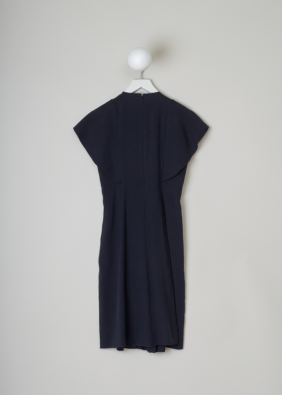 CHLOÉ, INK NAVY RUCHED MIDI DRESS, CHC22URO570314C3_INK_NAVY, Blue, Back, This ink navy midi dress has a round neckline and cap sleeves. The bodice has intricate shirred detailing on the front. The flared skirt has crystal pleats on the front. Slanted pockets can be found concealed in the side seams. In the back, a hook-and-eye and concealed zip functions as the closure. 
