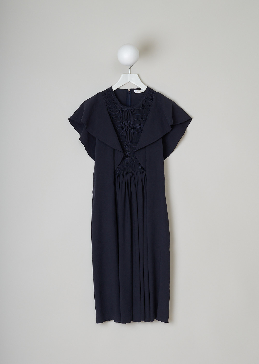 CHLOÉ, INK NAVY RUCHED MIDI DRESS, CHC22URO570314C3_INK_NAVY, Blue, Front, This ink navy midi dress has a round neckline and cap sleeves. The bodice has intricate shirred detailing on the front. The flared skirt has crystal pleats on the front. Slanted pockets can be found concealed in the side seams. In the back, a hook-and-eye and concealed zip functions as the closure. 
