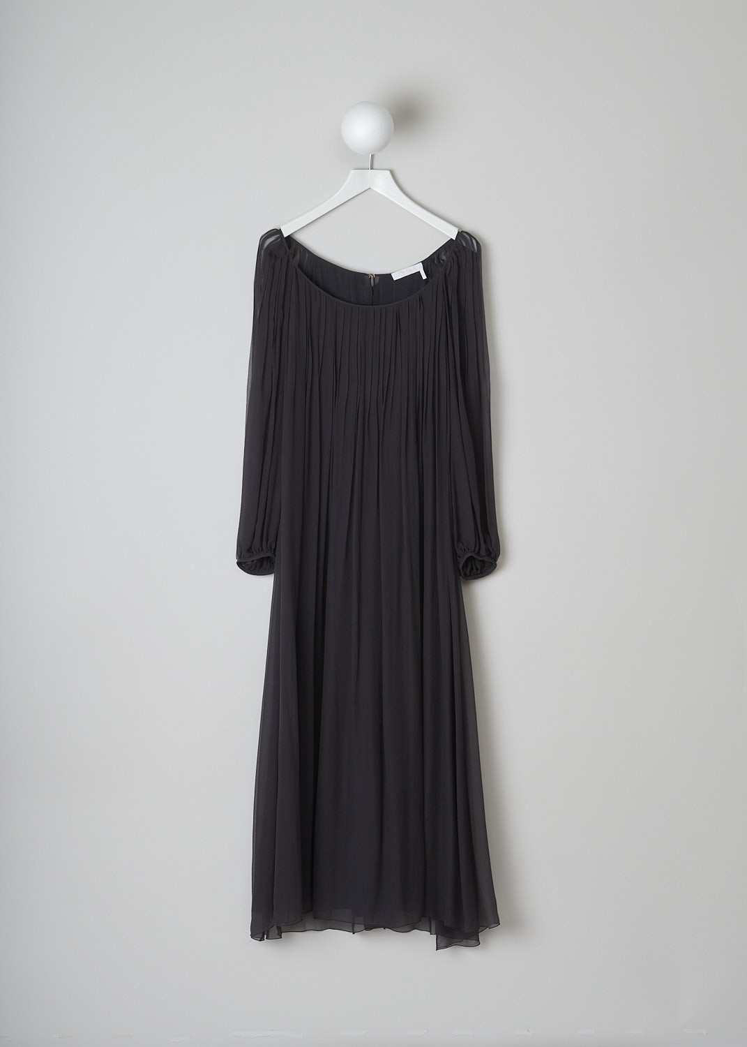 CHLOÃ‰ FLOWY ASH BLACK DRESS, CHC23SRO77101070_070, Black, Grey, Front, This ash black silk midi dress has a wide round neckline. The long semi sheer sleeves have gathered cuffs. The dress has a slip dress sewn in under the flowy sheer silk fabric. In the back, a hook-and-eye and four ties function as the closure. 
