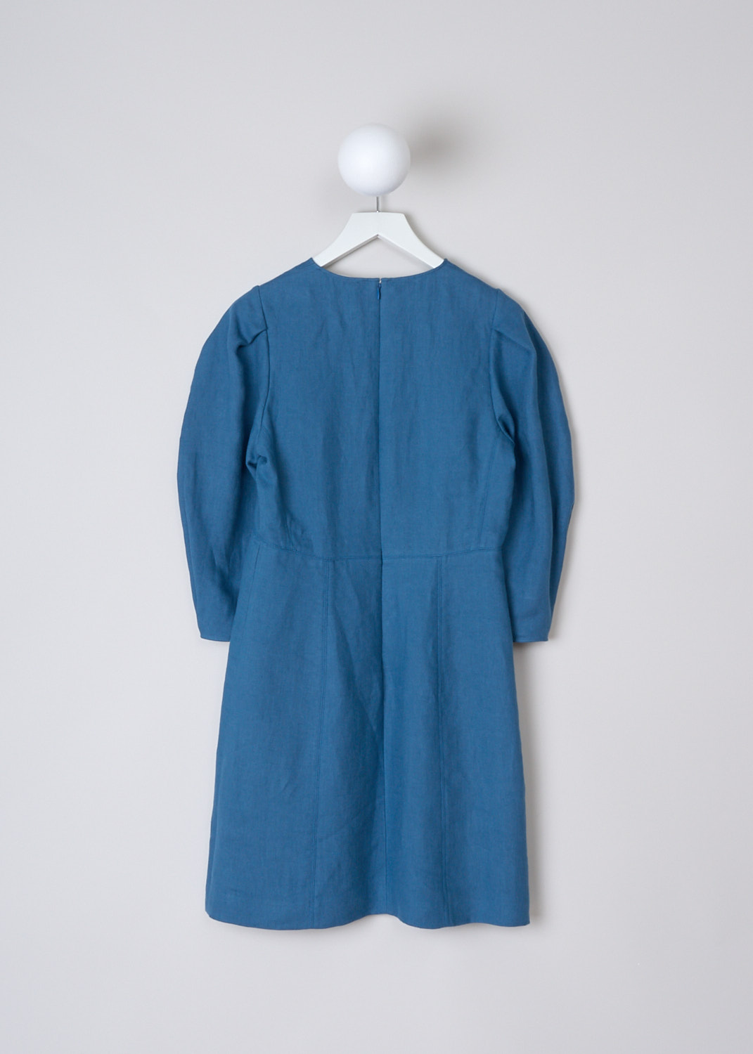 CHLOÉ, OPAL BLUE LINEN DRESS WITH BALLOON SLEEVES, CHC23URO3903144A_OPAL_BLUE, Blue, Back, This Opal Blue linen mini dress has a round neckline. The dress has  three-quarter balloon sleeves with straight endings. The dress has a slight A-line silhouette. In the back, a concealed centre hook and zip function as the closure. 

