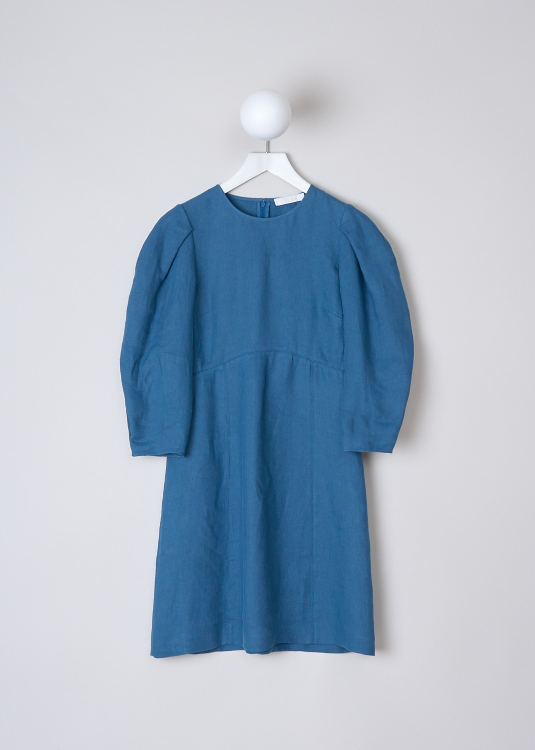 CHLOÉ, OPAL BLUE LINEN DRESS WITH BALLOON SLEEVES, CHC23URO3903144A_OPAL_BLUE, Blue, Front, This Opal Blue linen mini dress has a round neckline. The dress has  three-quarter balloon sleeves with straight endings. The dress has a slight A-line silhouette. In the back, a concealed centre hook and zip function as the closure. 

