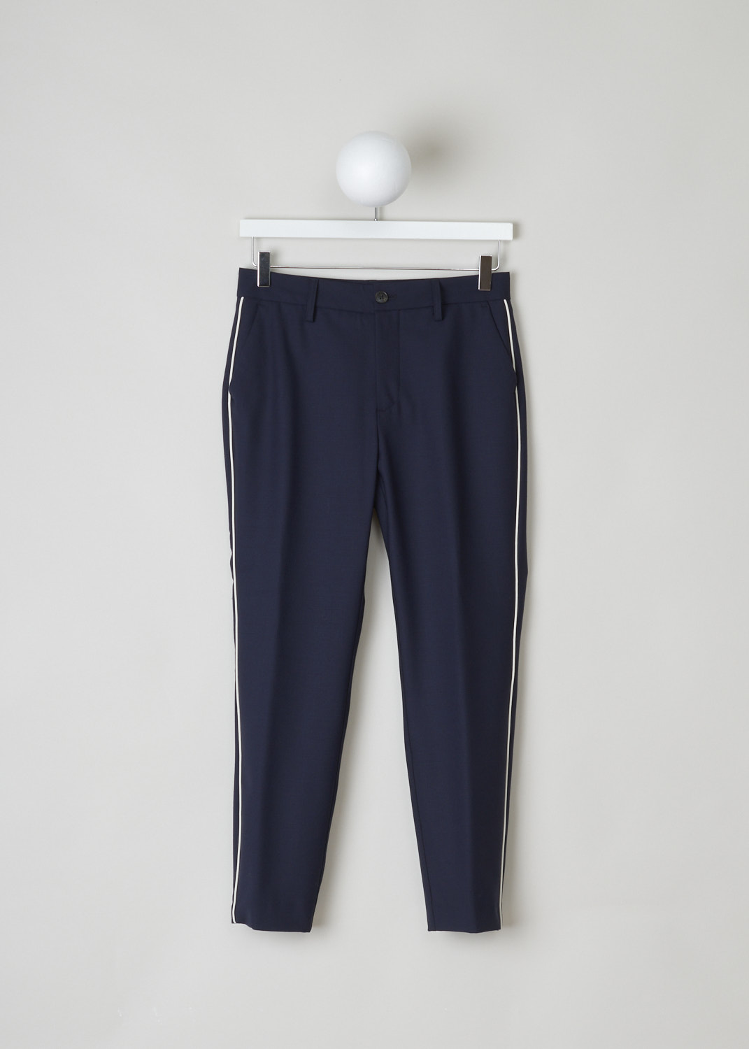 Closed, navy pants with white stripe, jack_C91012_5H3_4P_568, blue, front, Navy coloured pants with white stripe going down the side seam. featuring two forward slanted pockets on the front and two jetted pockets on the back. the fastening option here is the zipper and button on the front. 