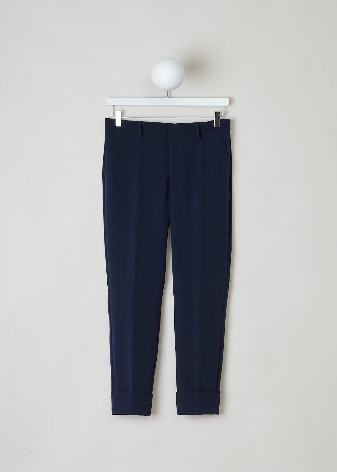 CLOSED, CLASSIC NAVY TROUSERS, Stewart_C91796_37G_22_568, Blue, Front, Made in the classic trouser model, featuring forward slanted pockets on the front and two buttoned welt pockets on the back. What makes this model stand out above the rest is the broad fold-over hem.