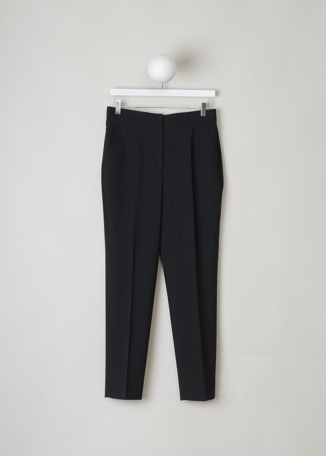 DOLCE & GABBANA, CLASSIC BLACK PANTS, FTAD4T_FUBCY_N0000, Black, Front, Beautiful black pants with subtle pleats around the waist area. These pants come with a concealed snap button and zipper closure. Slanted pockets can be found on either side. Along the length of the legs, front creases can be found. These same creases can also be found on the back. Two welt pockets can also be found on the back. 
